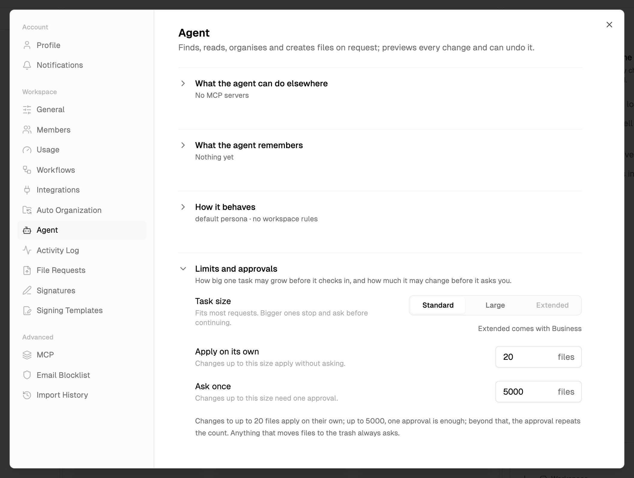 Limits and approvals expanded, with Task size, Apply on its own and Ask once