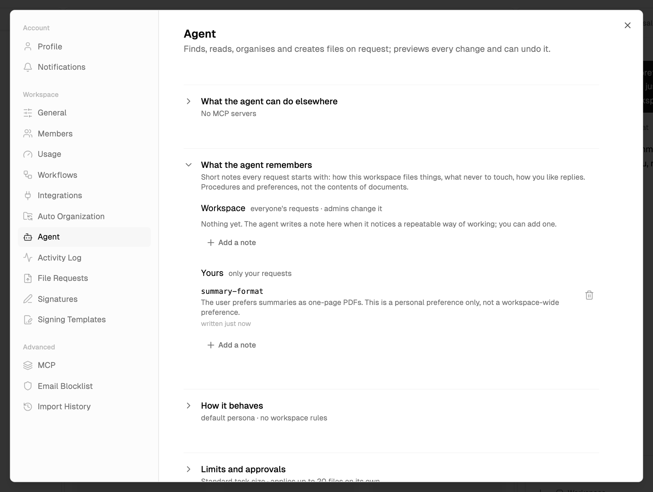 What the agent remembers expanded, with workspace notes and your own notes