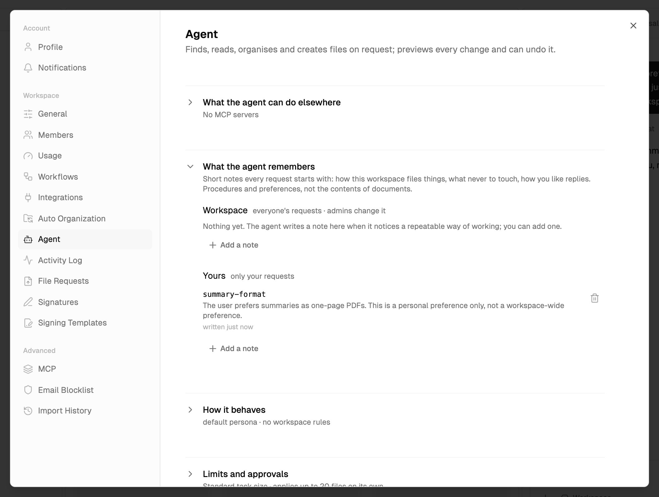 What the agent remembers expanded, with workspace notes and your own notes