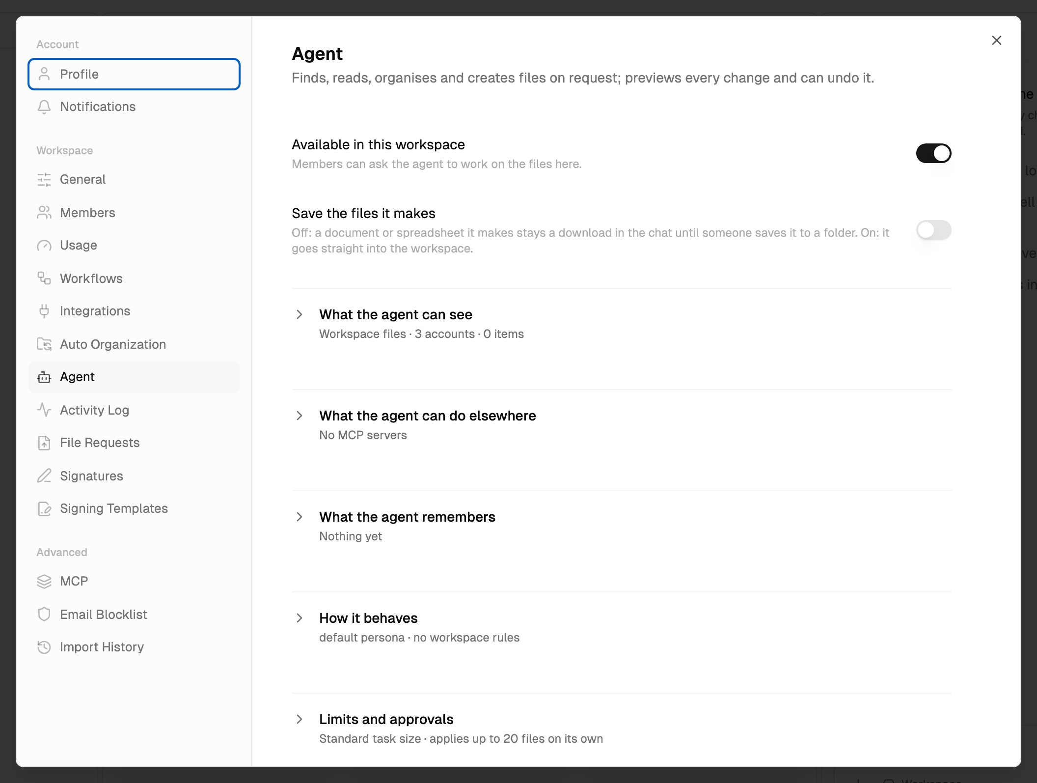 Settings, Agent tab, with Available in this workspace and Save the files it makes at the top and collapsed sections below