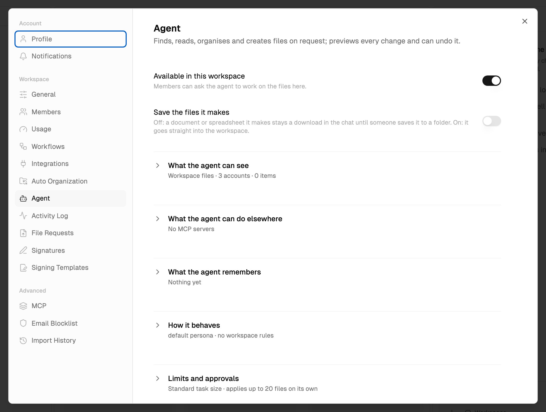 Settings, Agent tab, with Available in this workspace and Save the files it makes at the top and collapsed sections below
