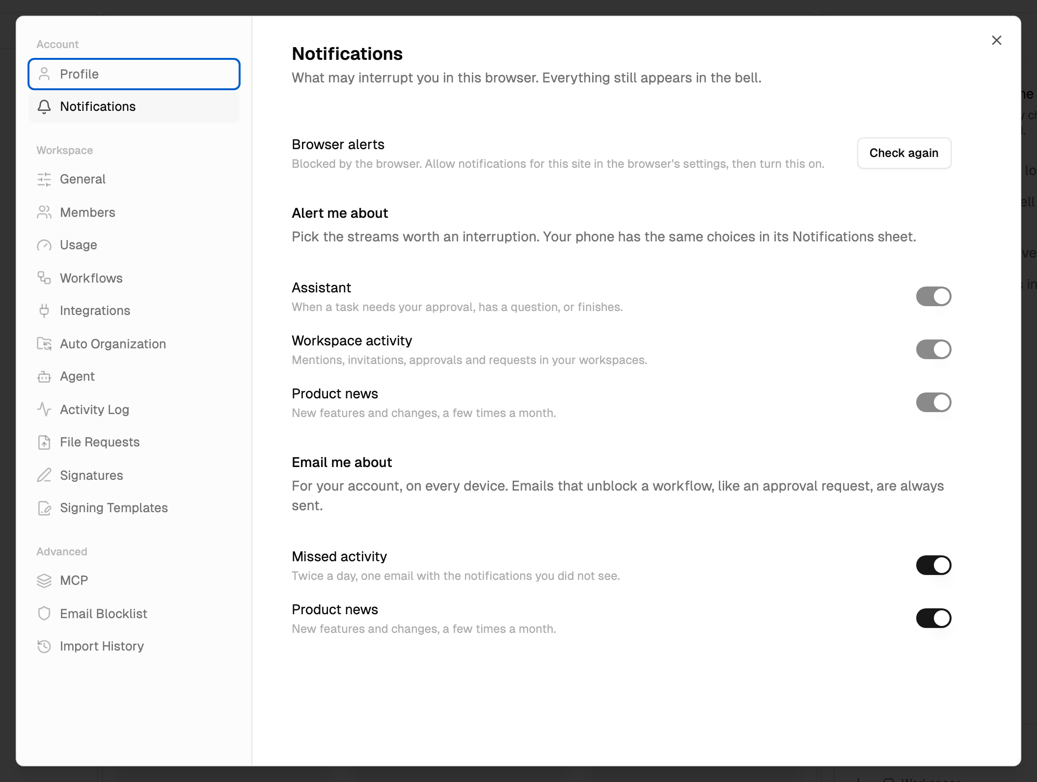 Settings, Notifications tab, with browser alert topics and email settings