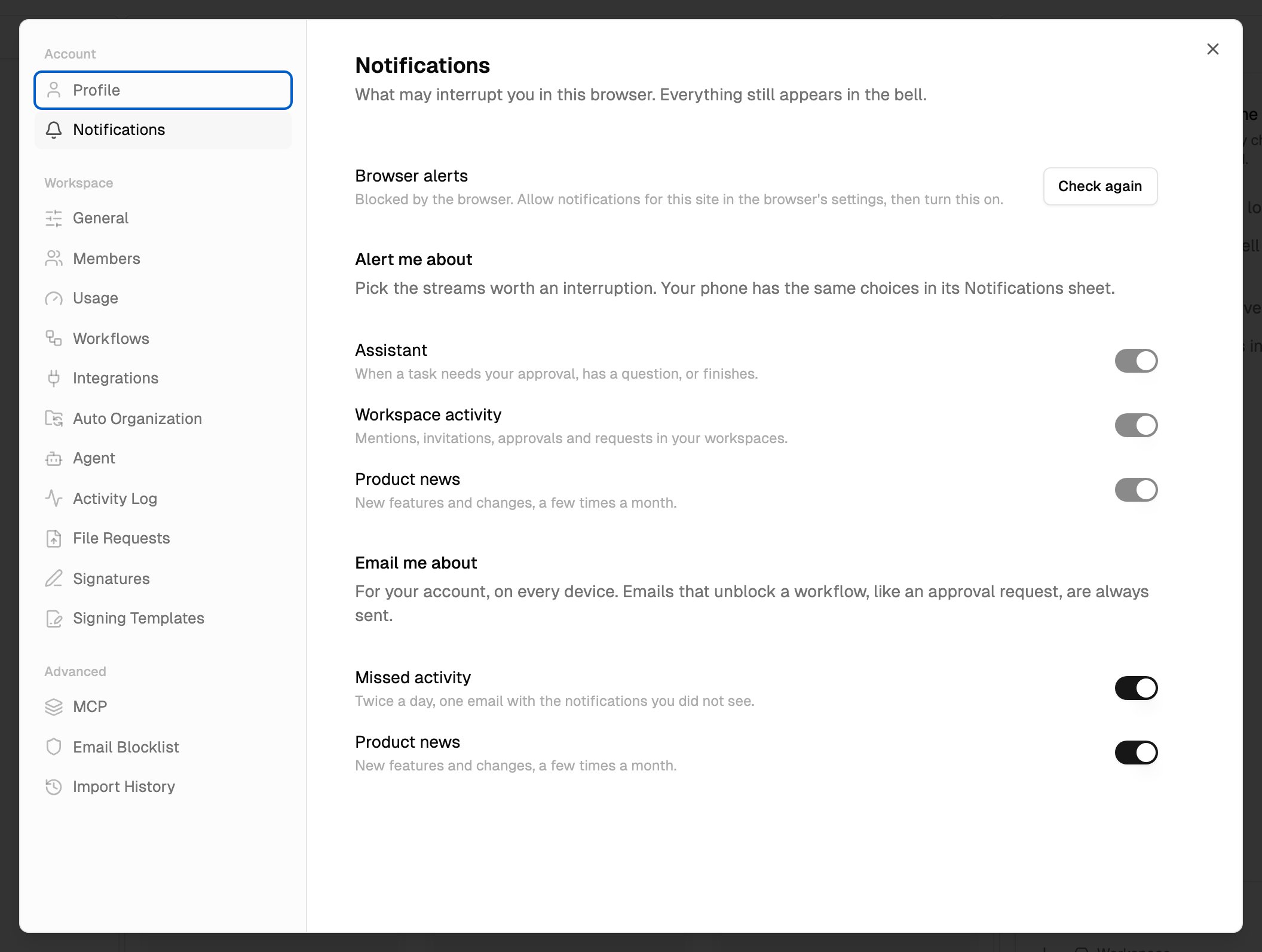 Settings, Notifications tab, with browser alert topics and email settings