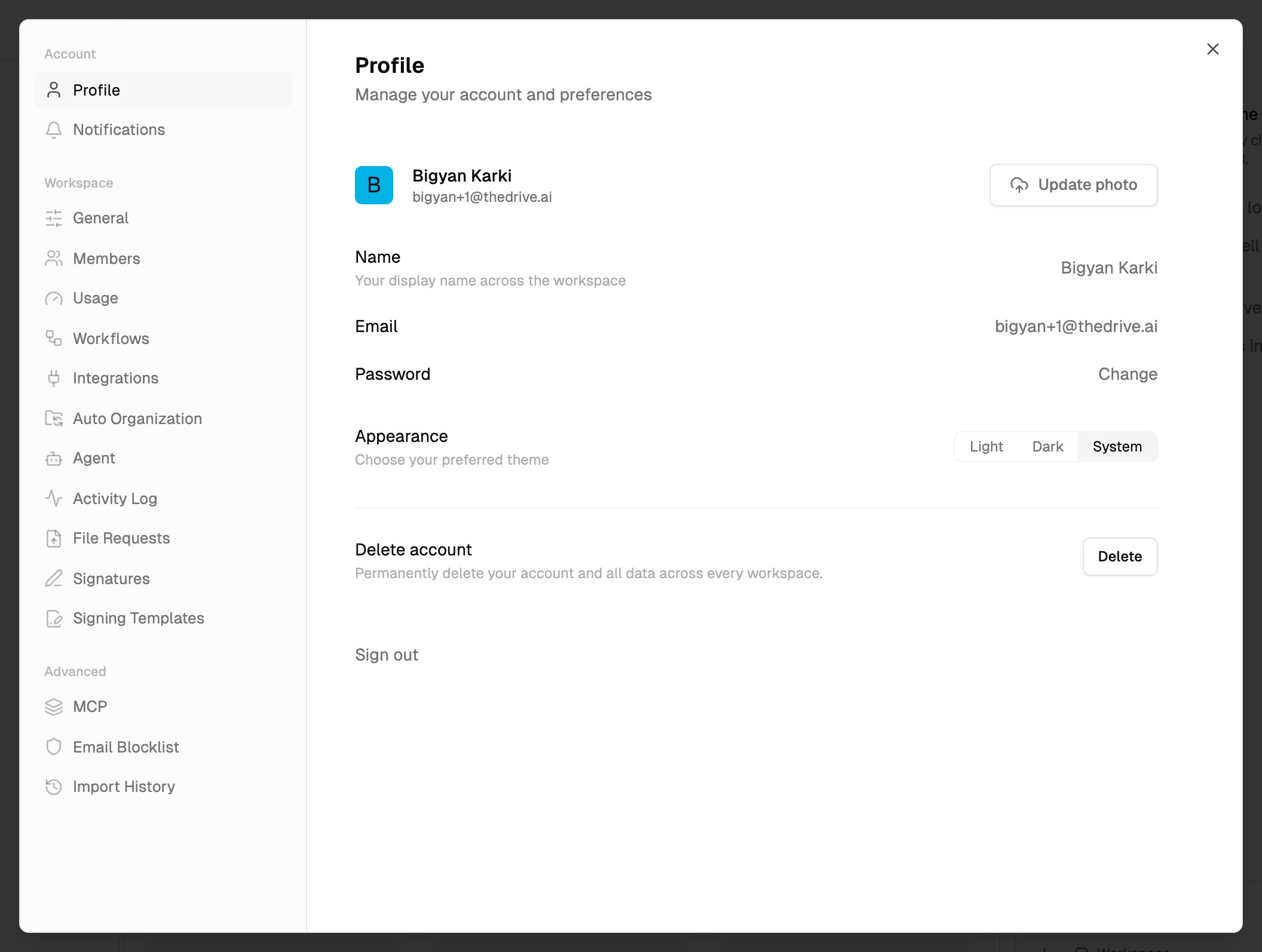 Settings, Profile tab, with photo, name, email, sign-in method, appearance and Delete account