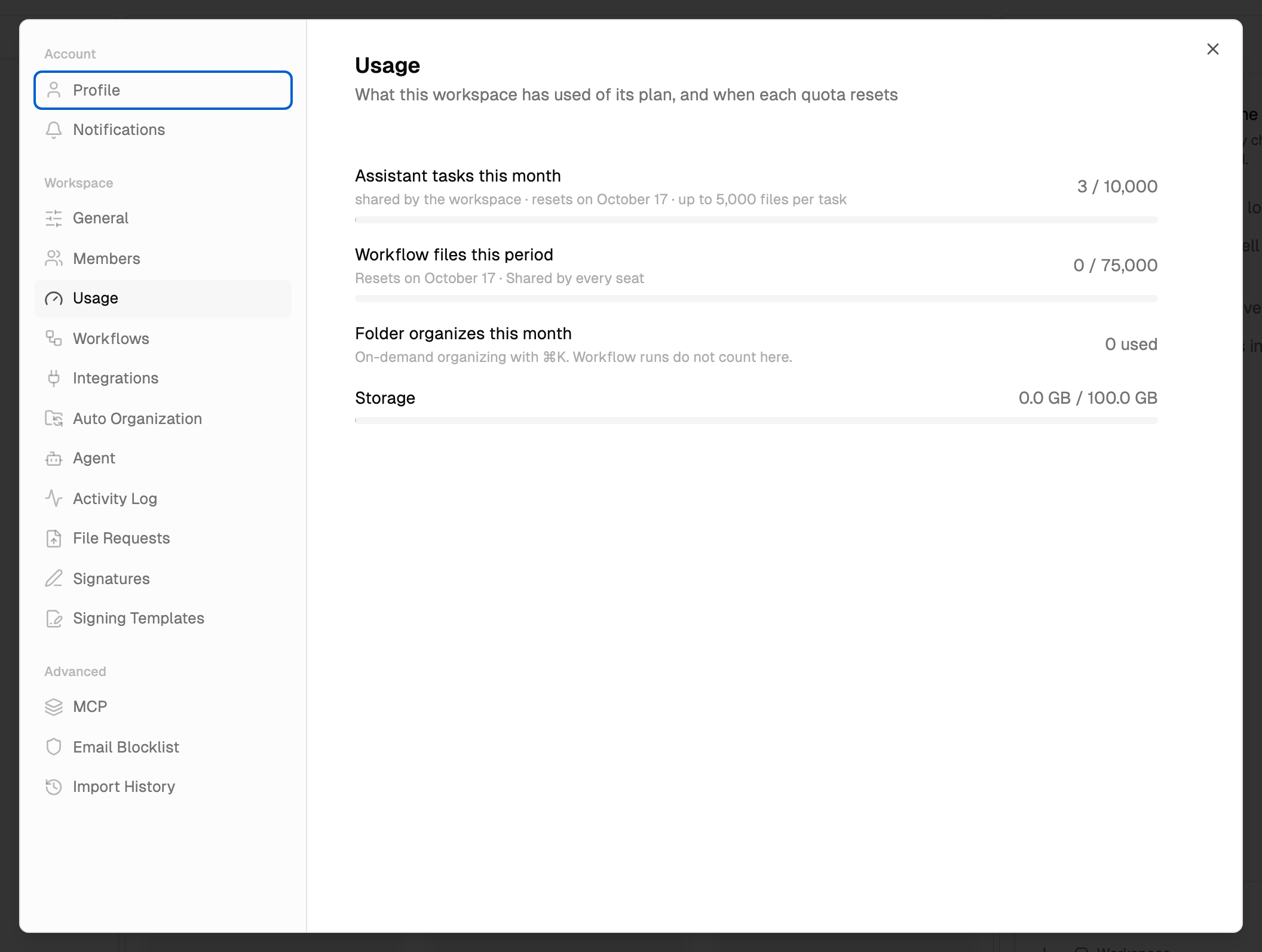 Settings, Usage tab, with the assistant tasks, workflow files, folder organizes and storage meters