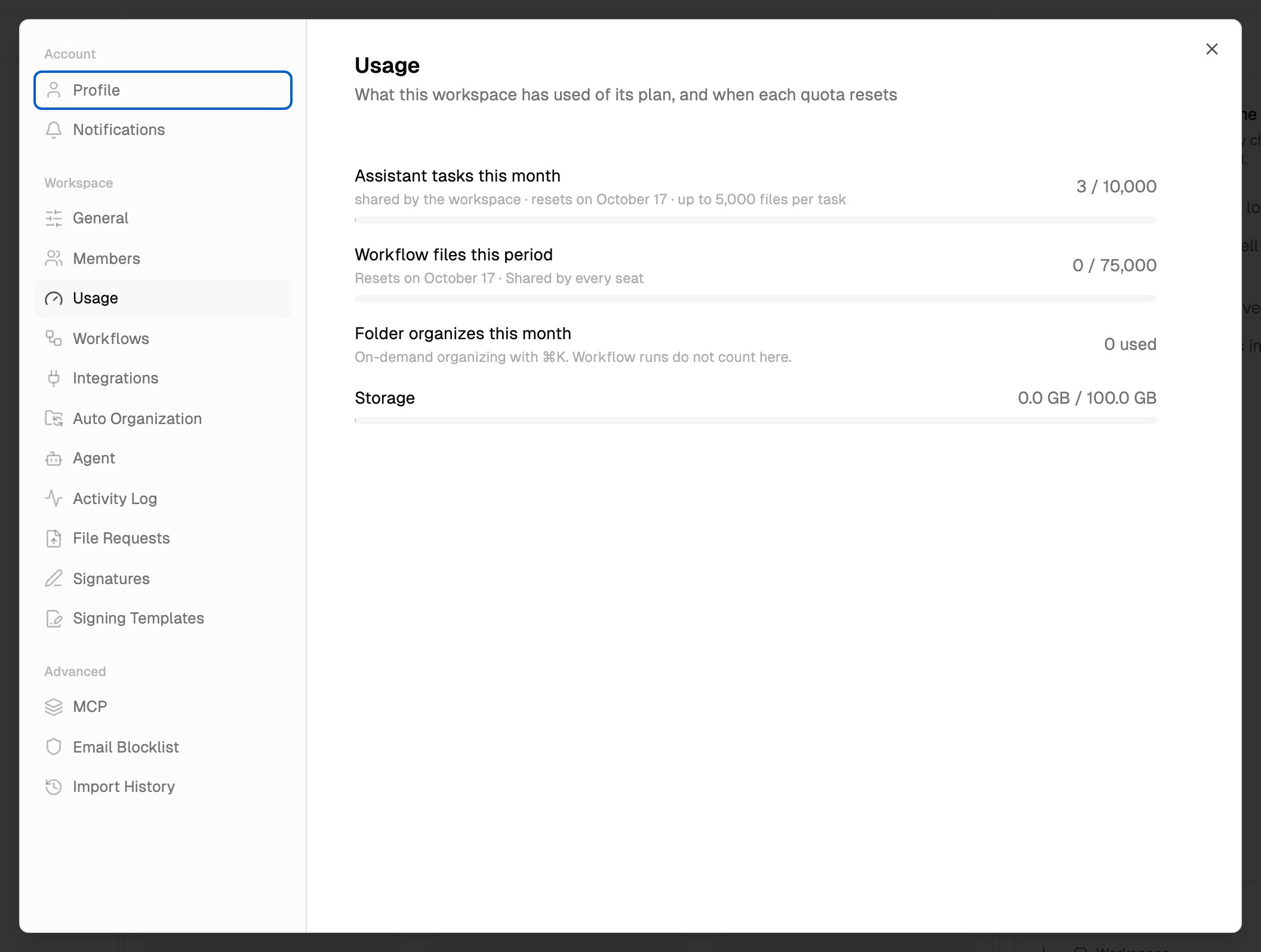 Settings, Usage tab, with the assistant tasks, workflow files, folder organizes and storage meters