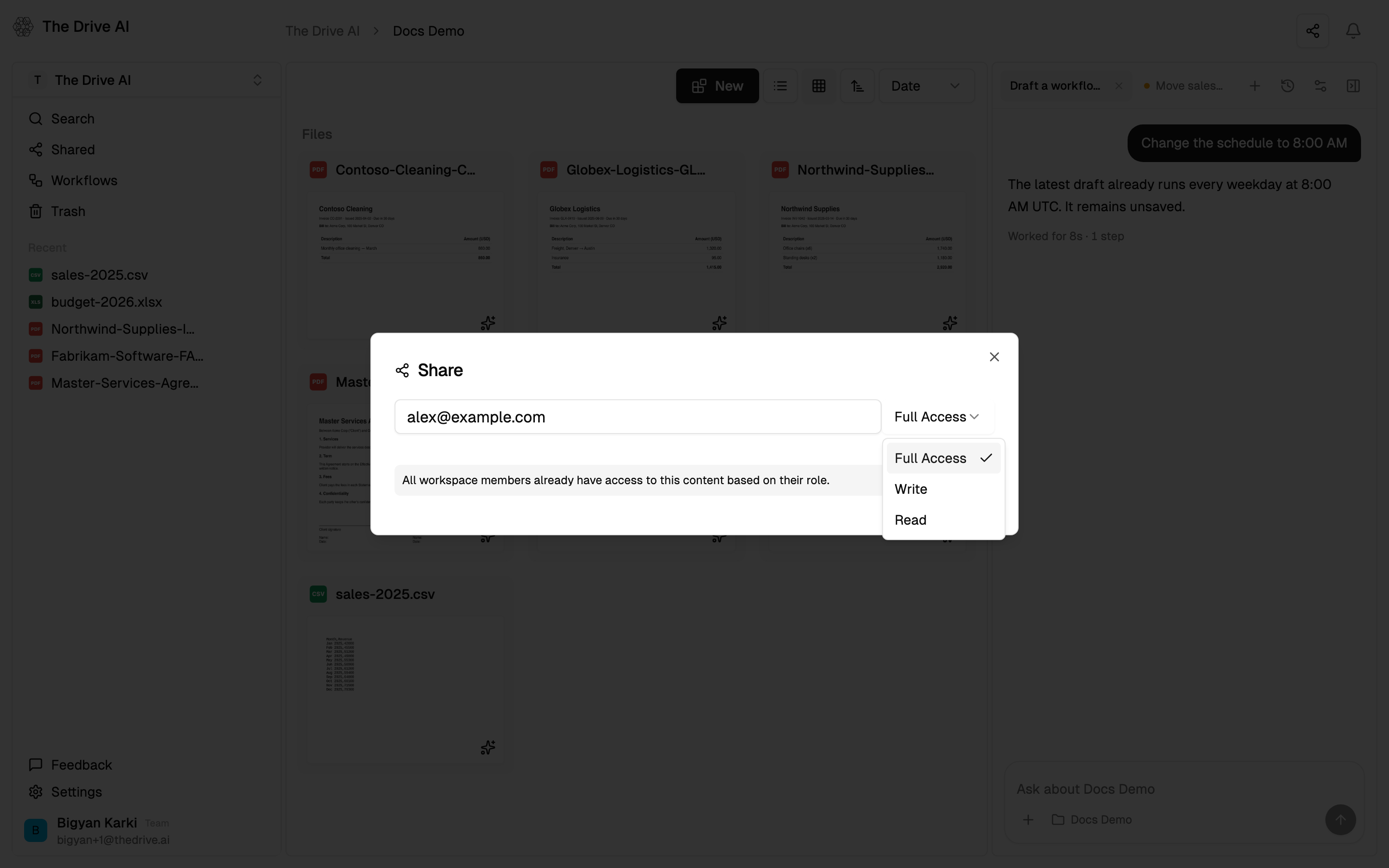The Share dialog with an email typed and the permission menu open showing Full Access, Write and Read