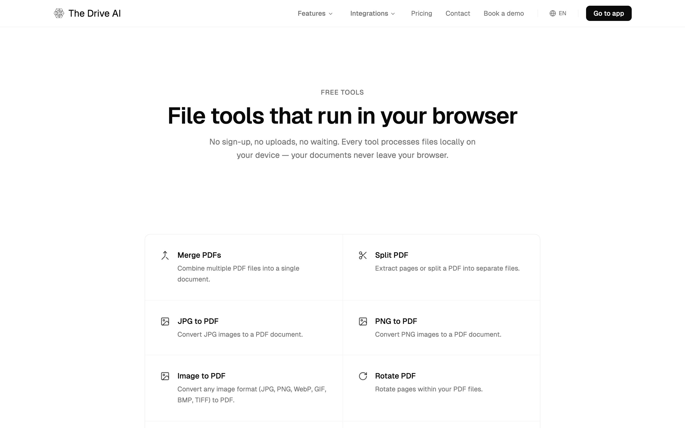The free tools page at thedrive.ai/tools with the grid of PDF and image tools