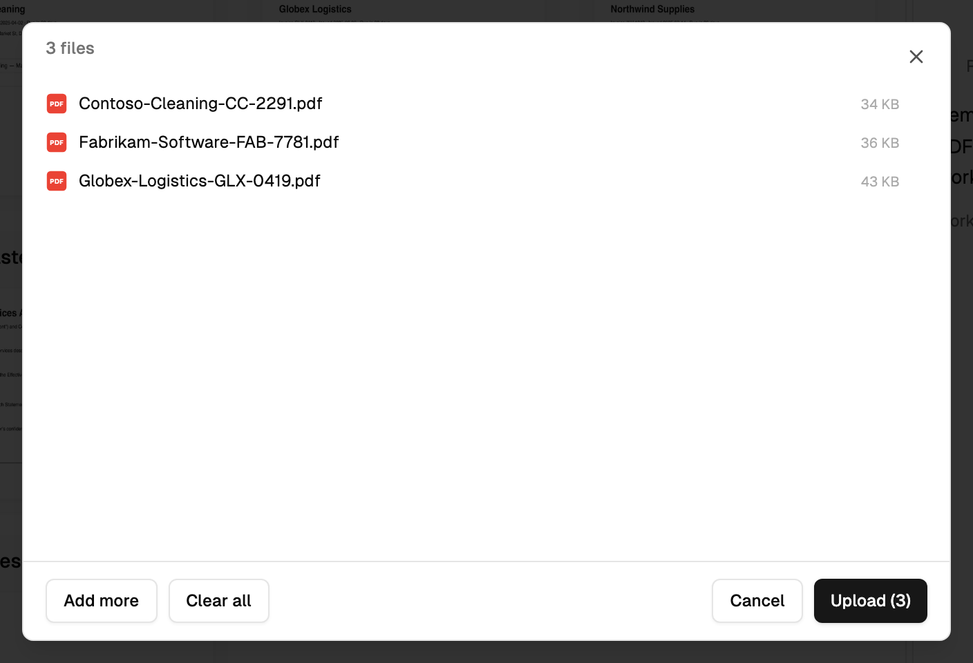 The upload window with files listed, Add more, Clear all and the Upload button