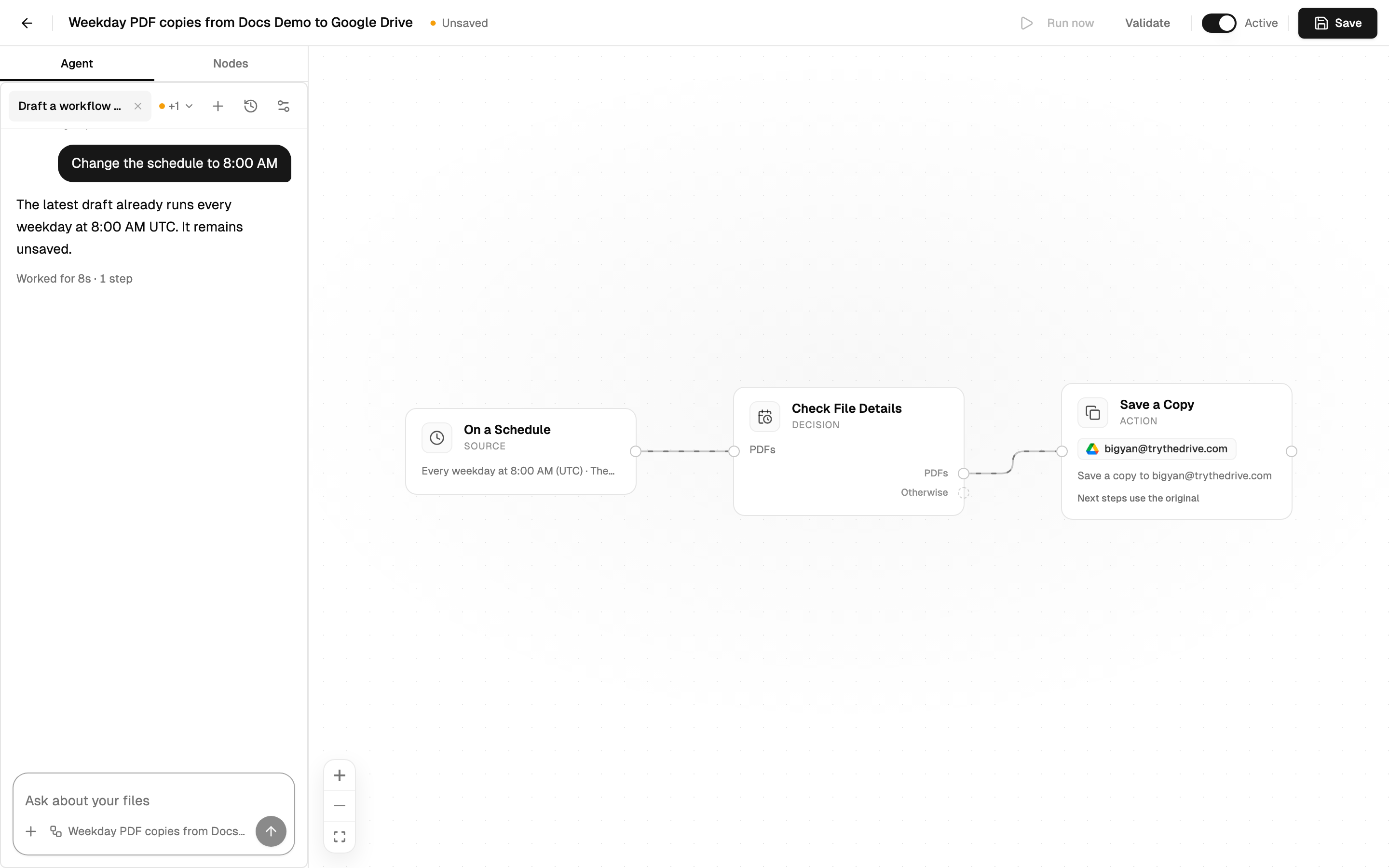The workflow editor with the Agent tab open beside Nodes, after asking the agent to change the schedule