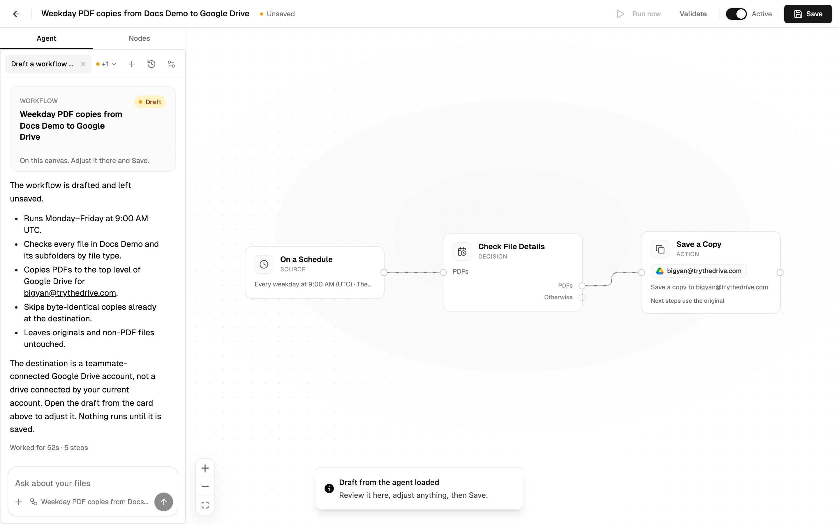 The workflow editor with the Agent and Nodes tabs on the left, three connected steps, and Validate, Active and Save in the toolbar