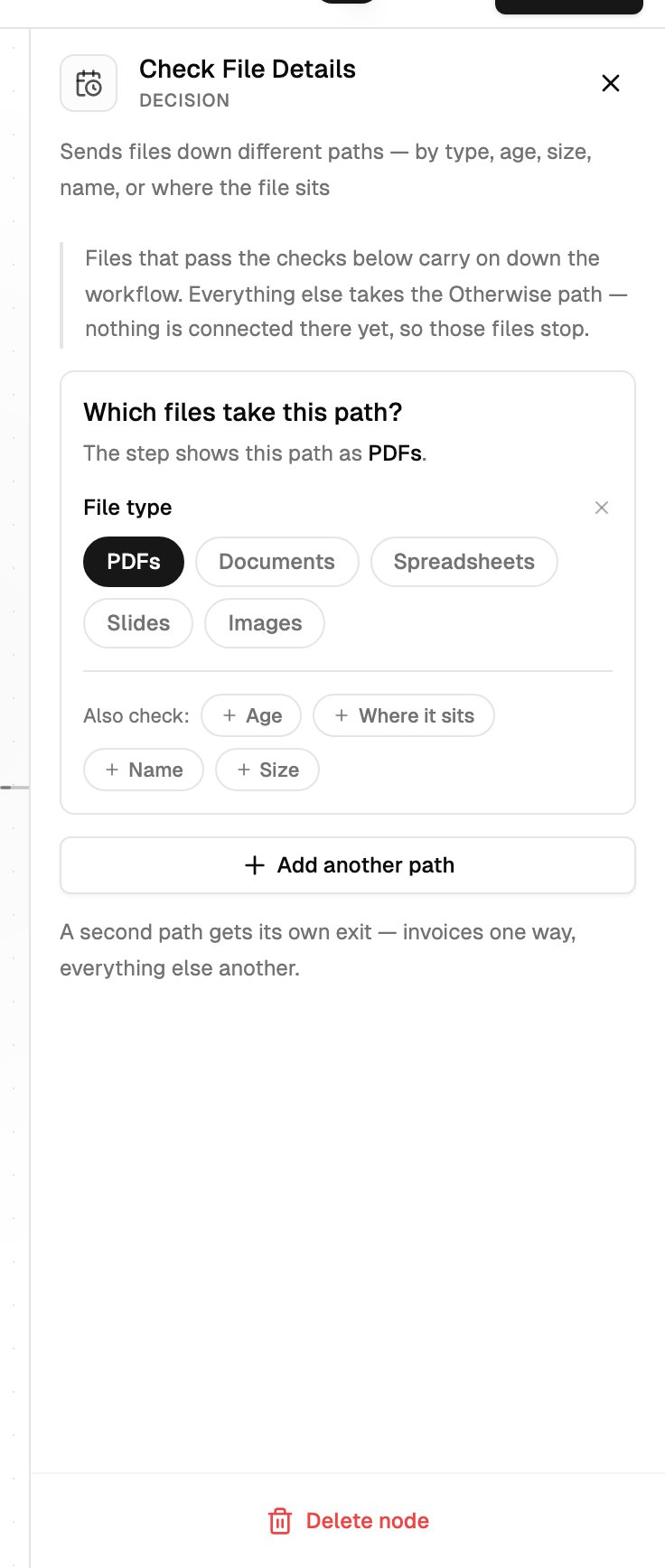 The Check File Details settings with a path that checks the file type for PDFs