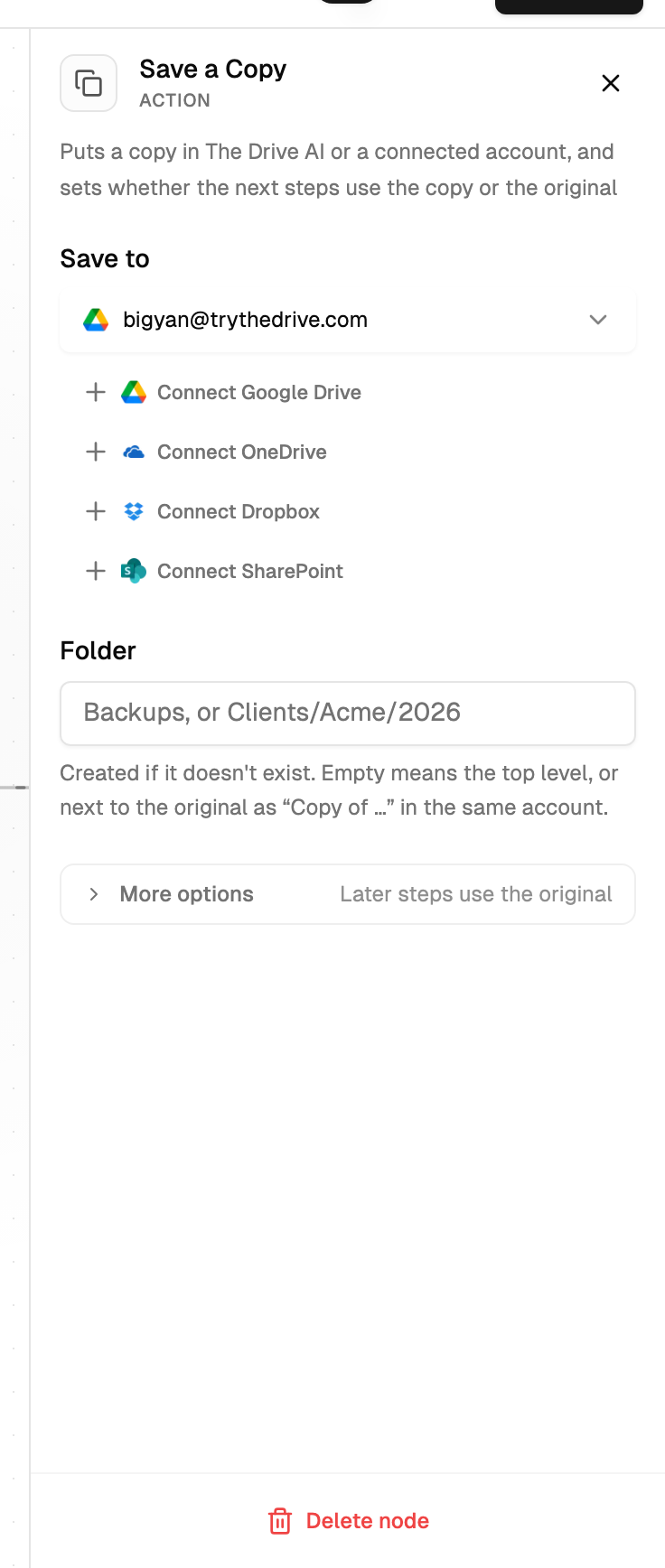 The Save a Copy settings with a Google Drive account chosen as the destination