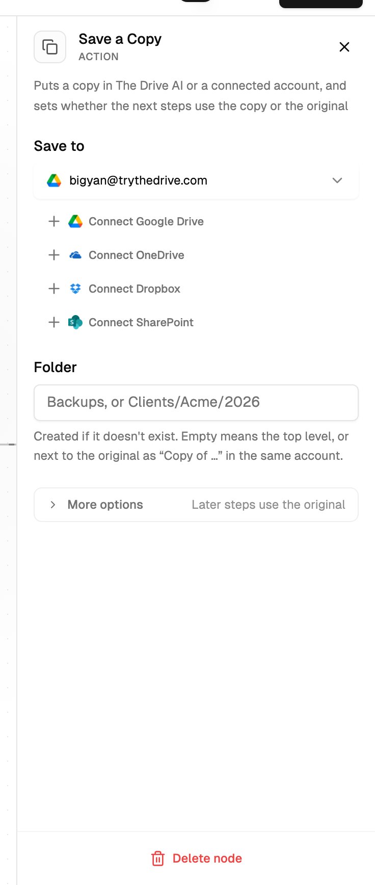 The Save a Copy settings with a Google Drive account chosen as the destination