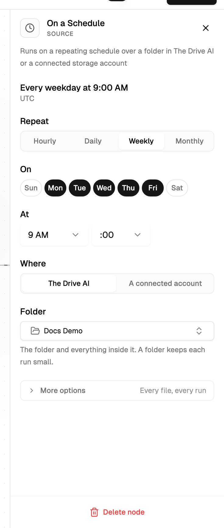 The On a Schedule settings with Every weekday at 9:00 AM, Repeat, On, At, Where and Folder