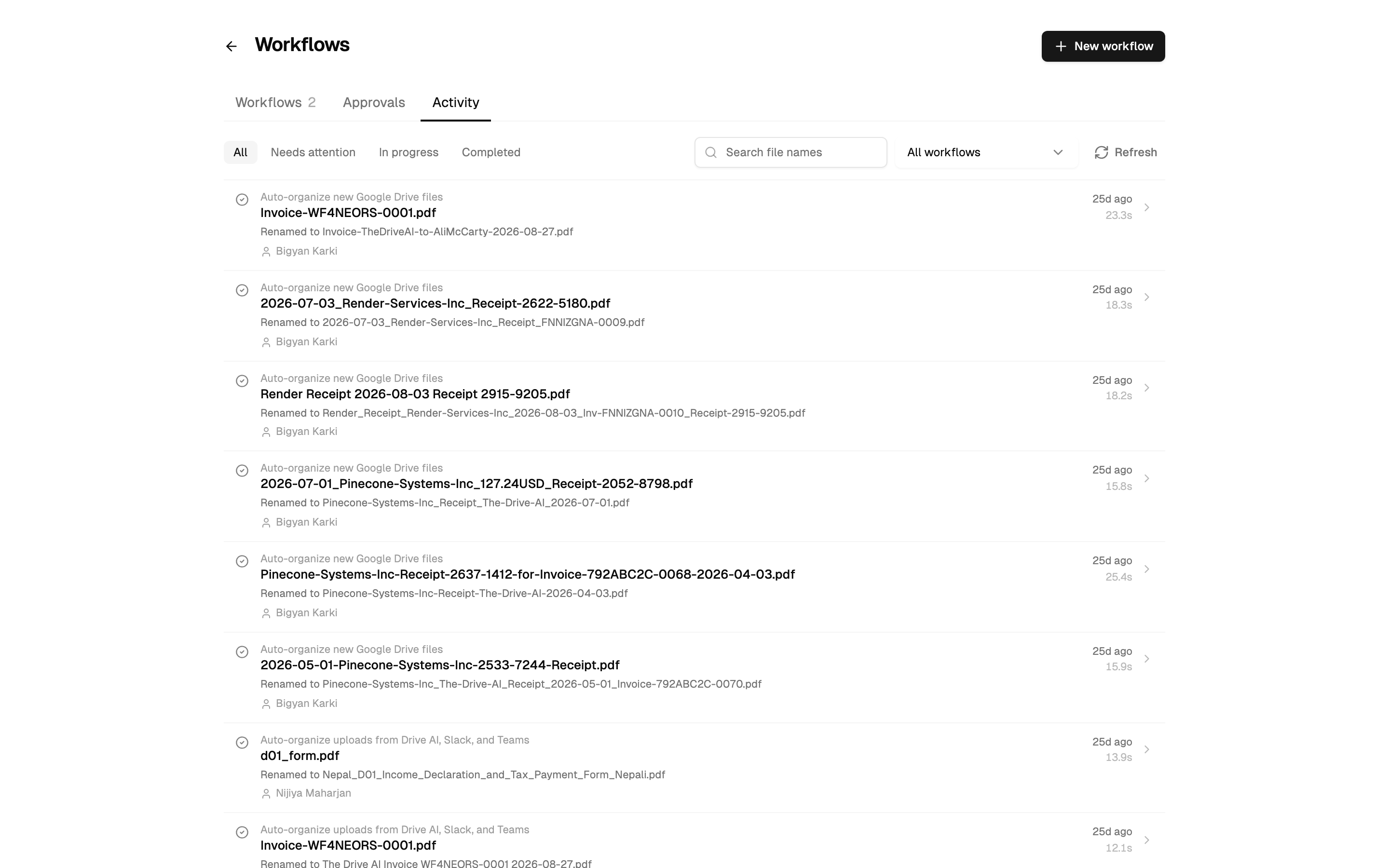 The Activity tab with status filters, the workflow picker and file name search