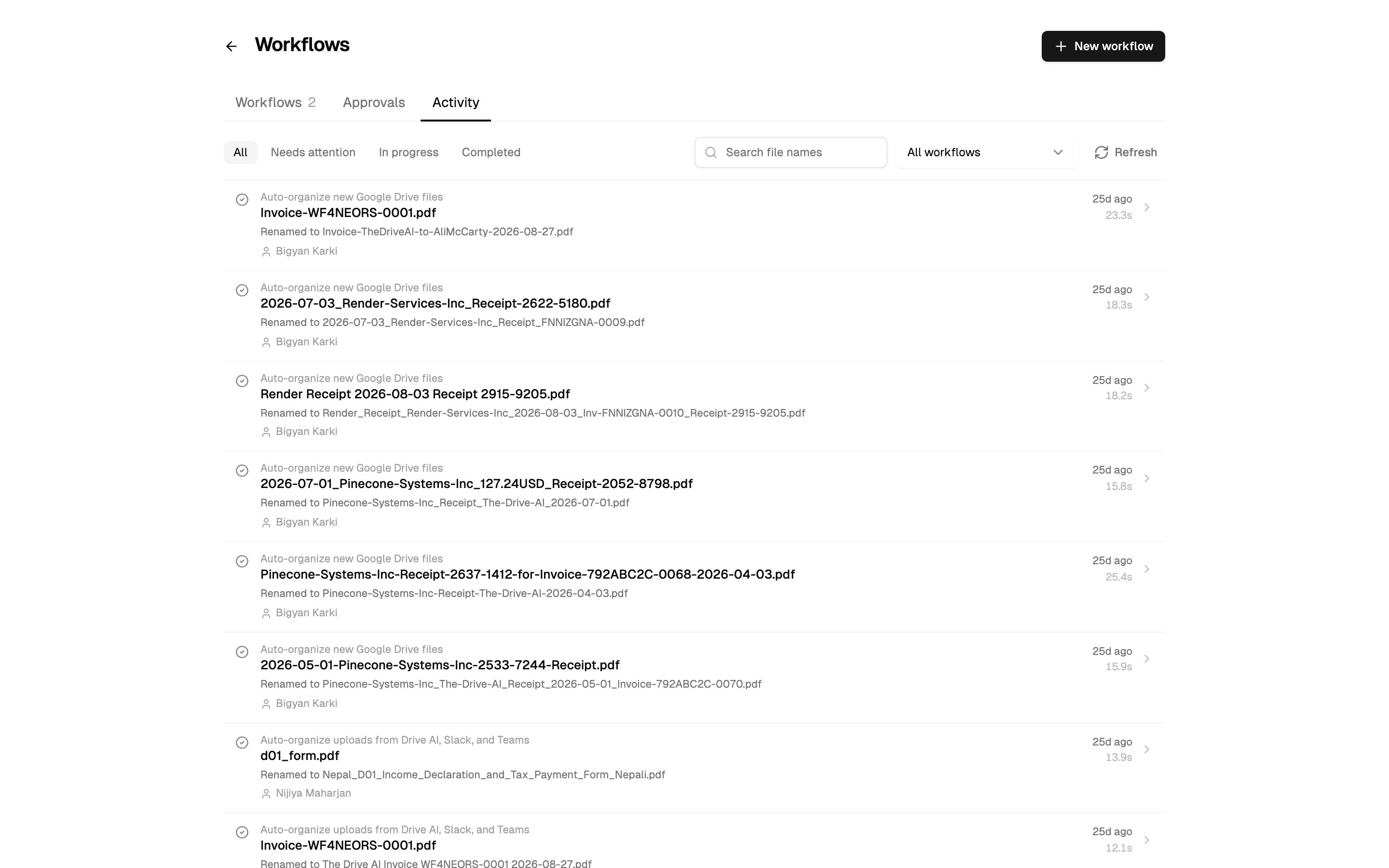 The Activity tab with status filters, the workflow picker and file name search