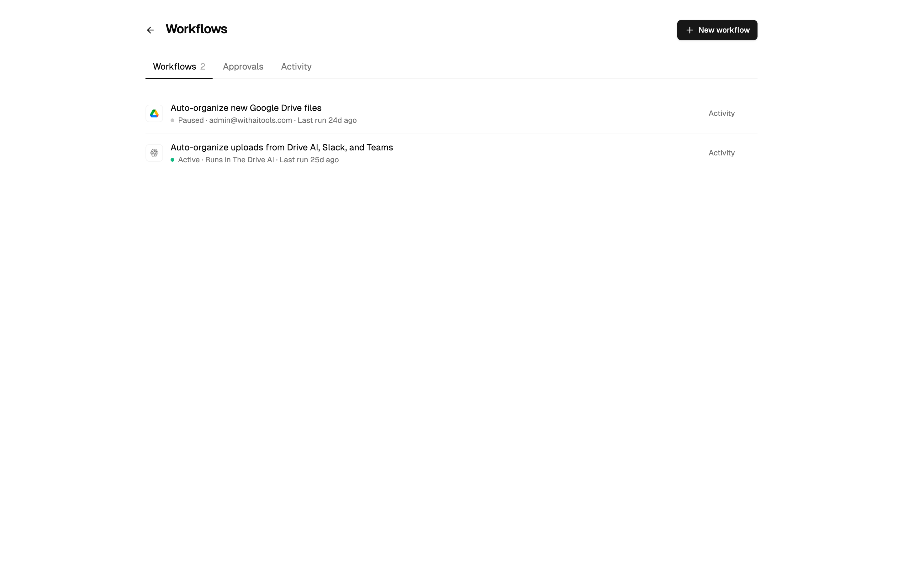 The Workflows page with the Workflows, Approvals and Activity tabs