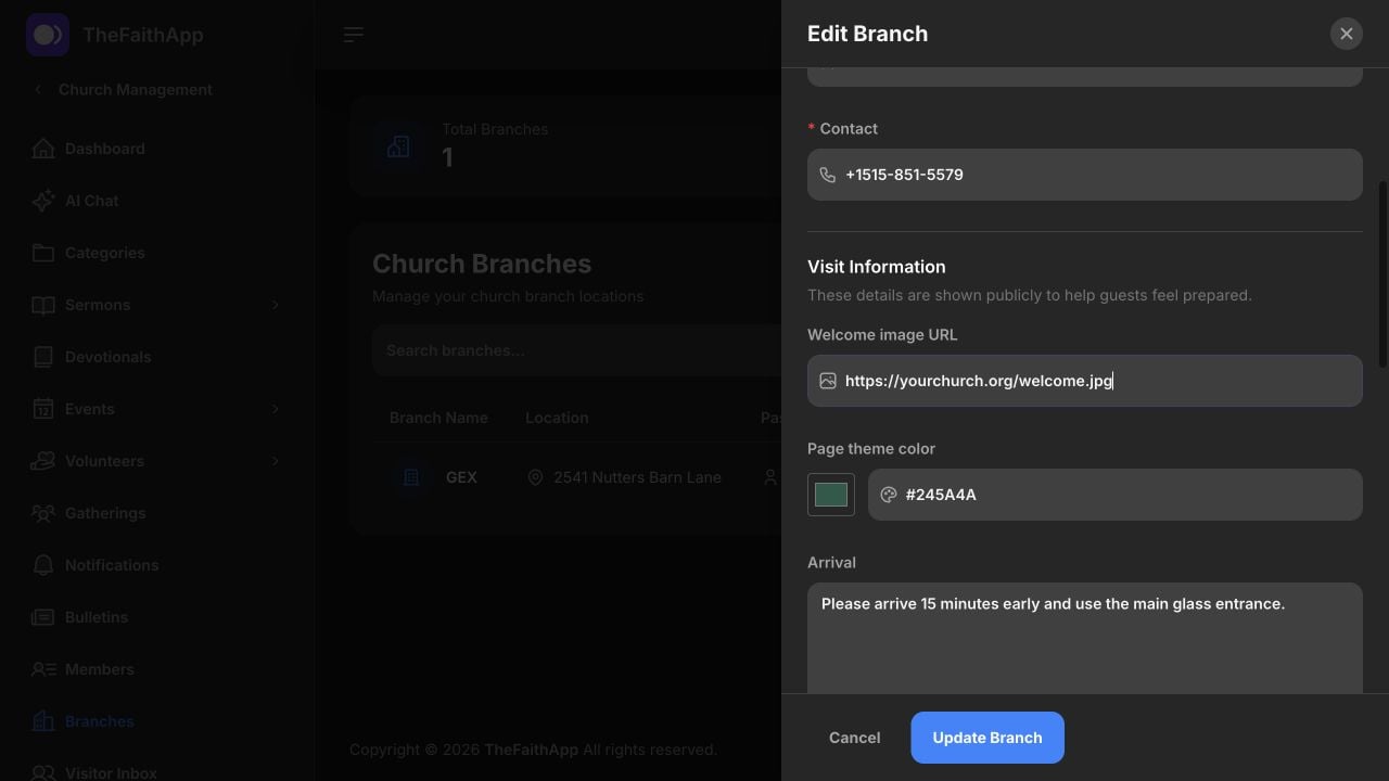 Visit information in the branch editor
