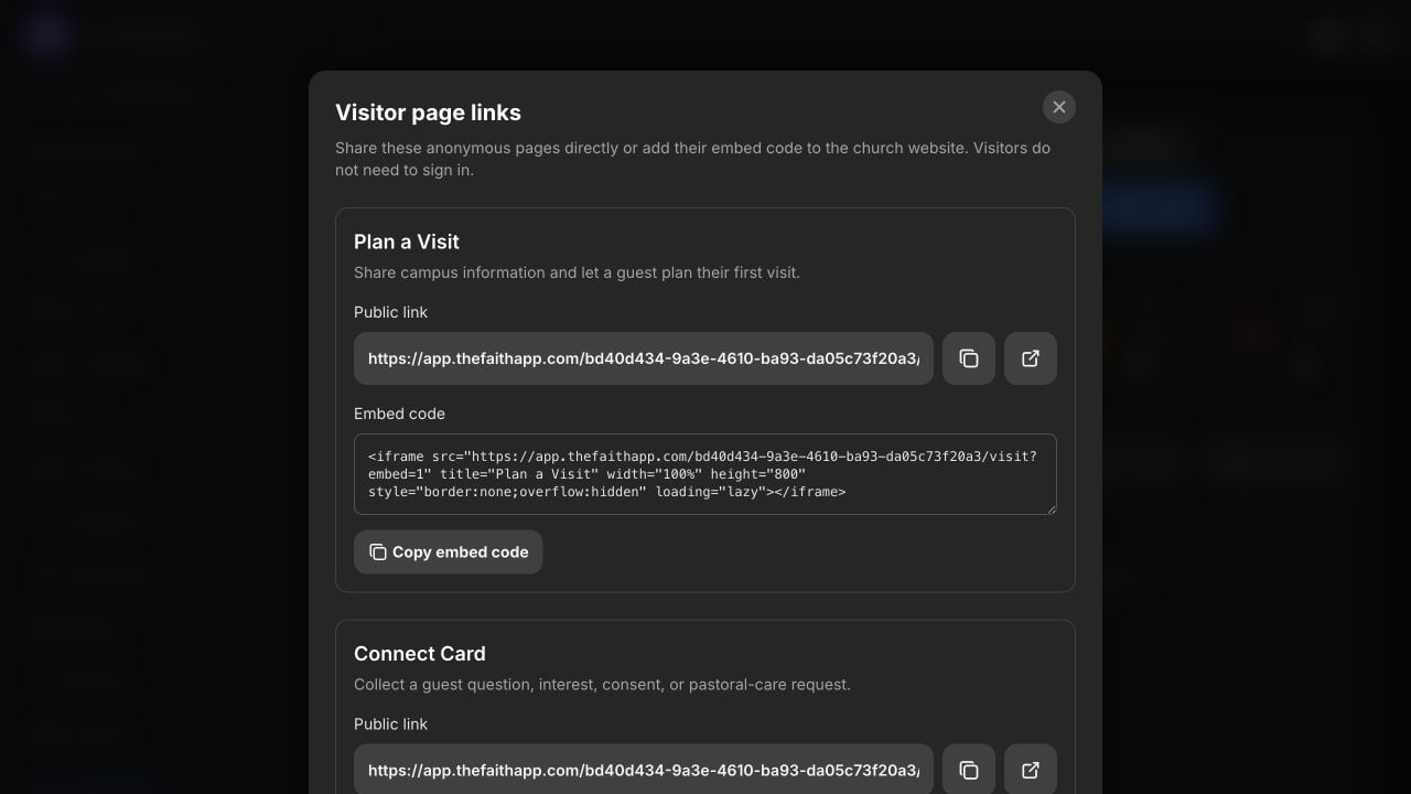 Visitor page links and embed code