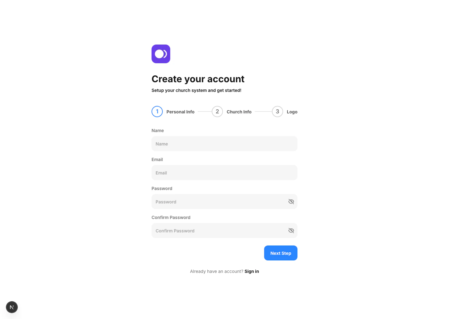 Sign up screen