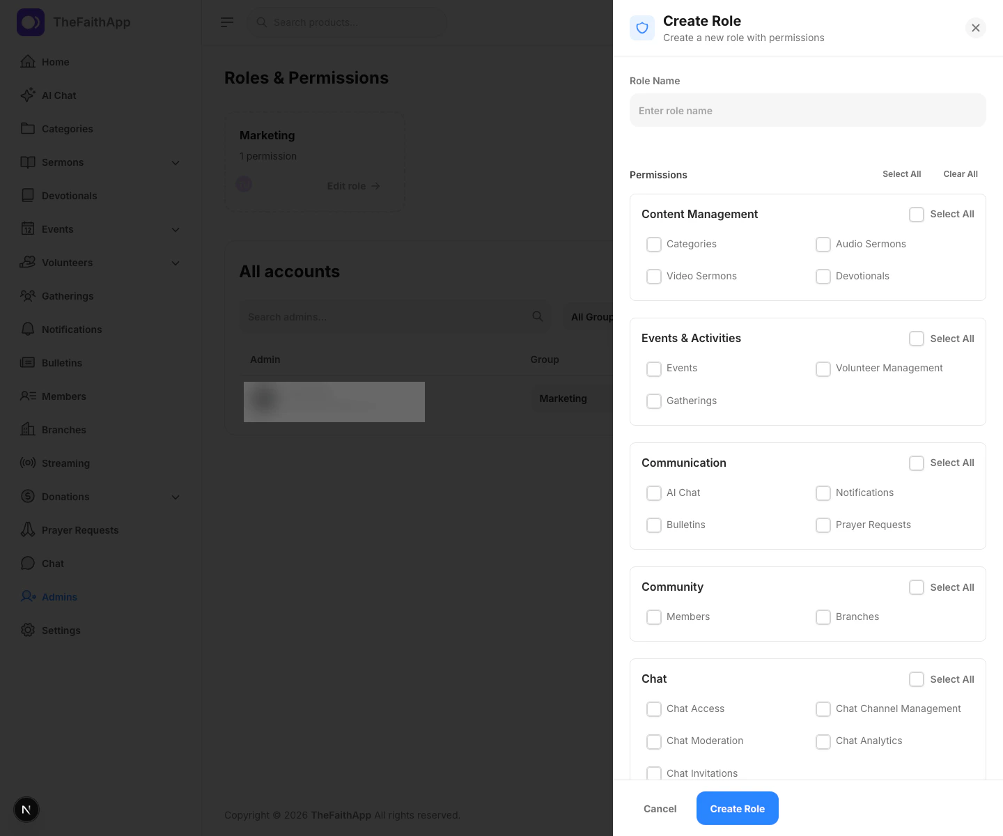 Role permissions drawer