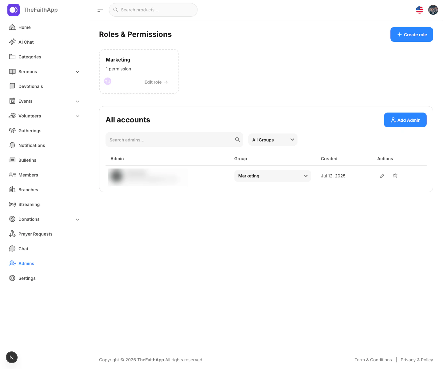 Admins screen