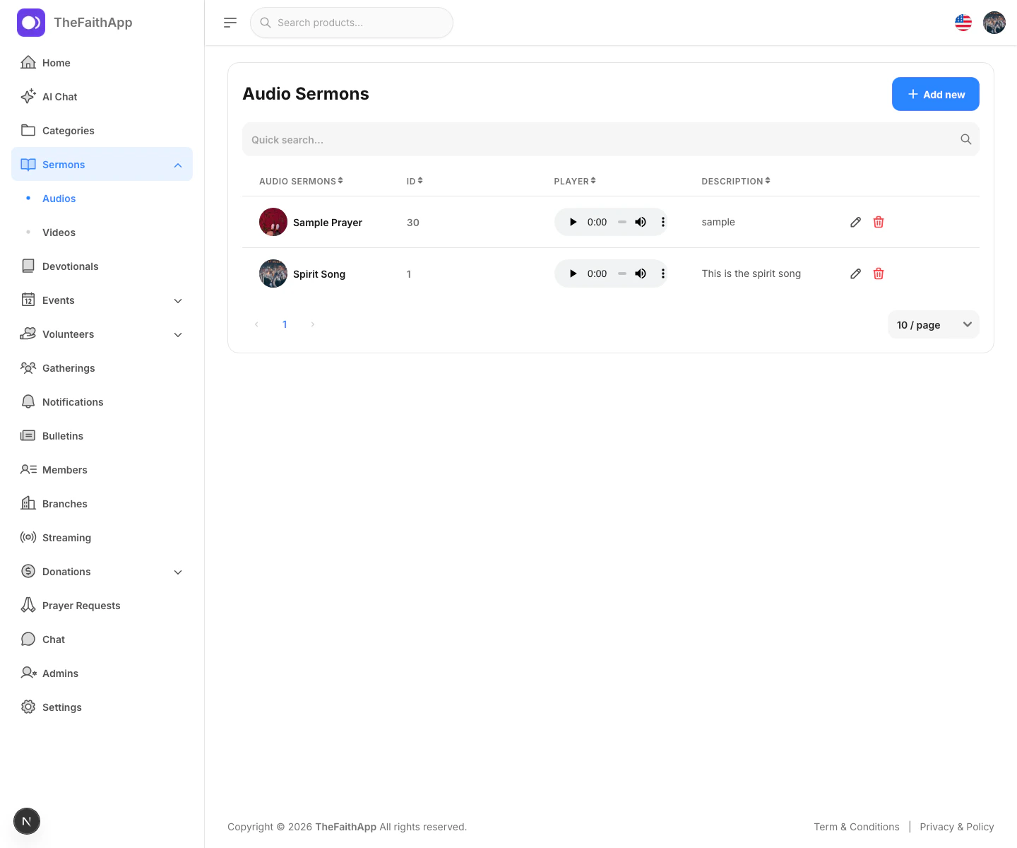 Audio sermons screen