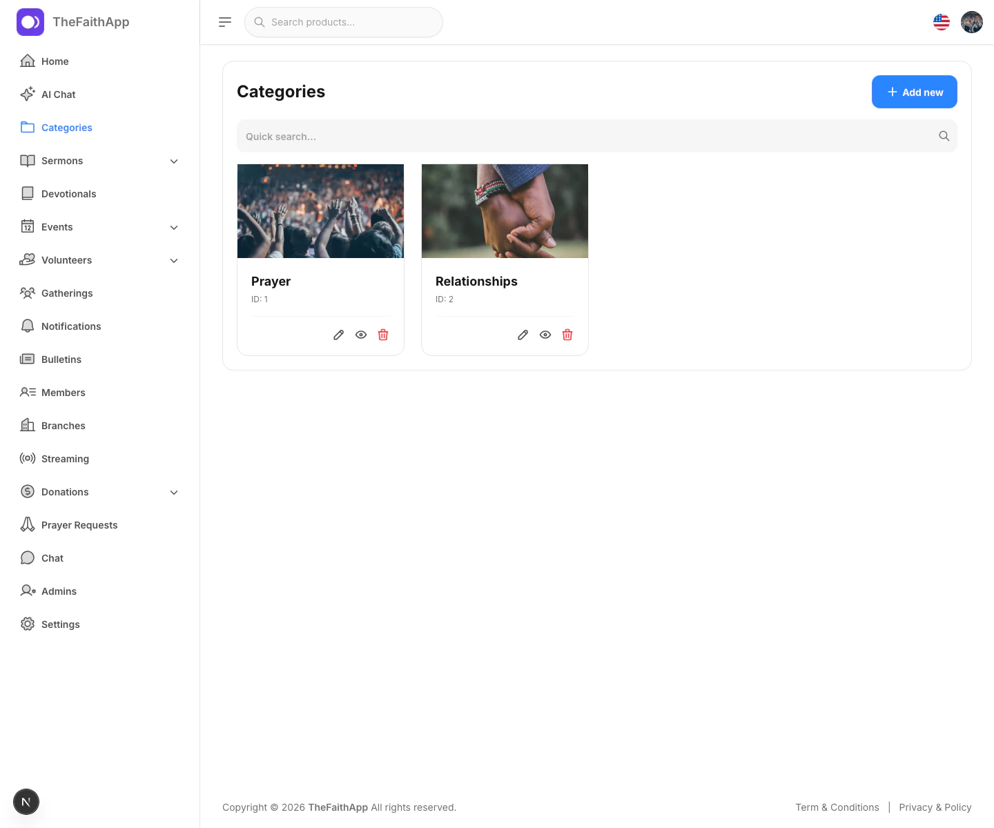 Categories screen