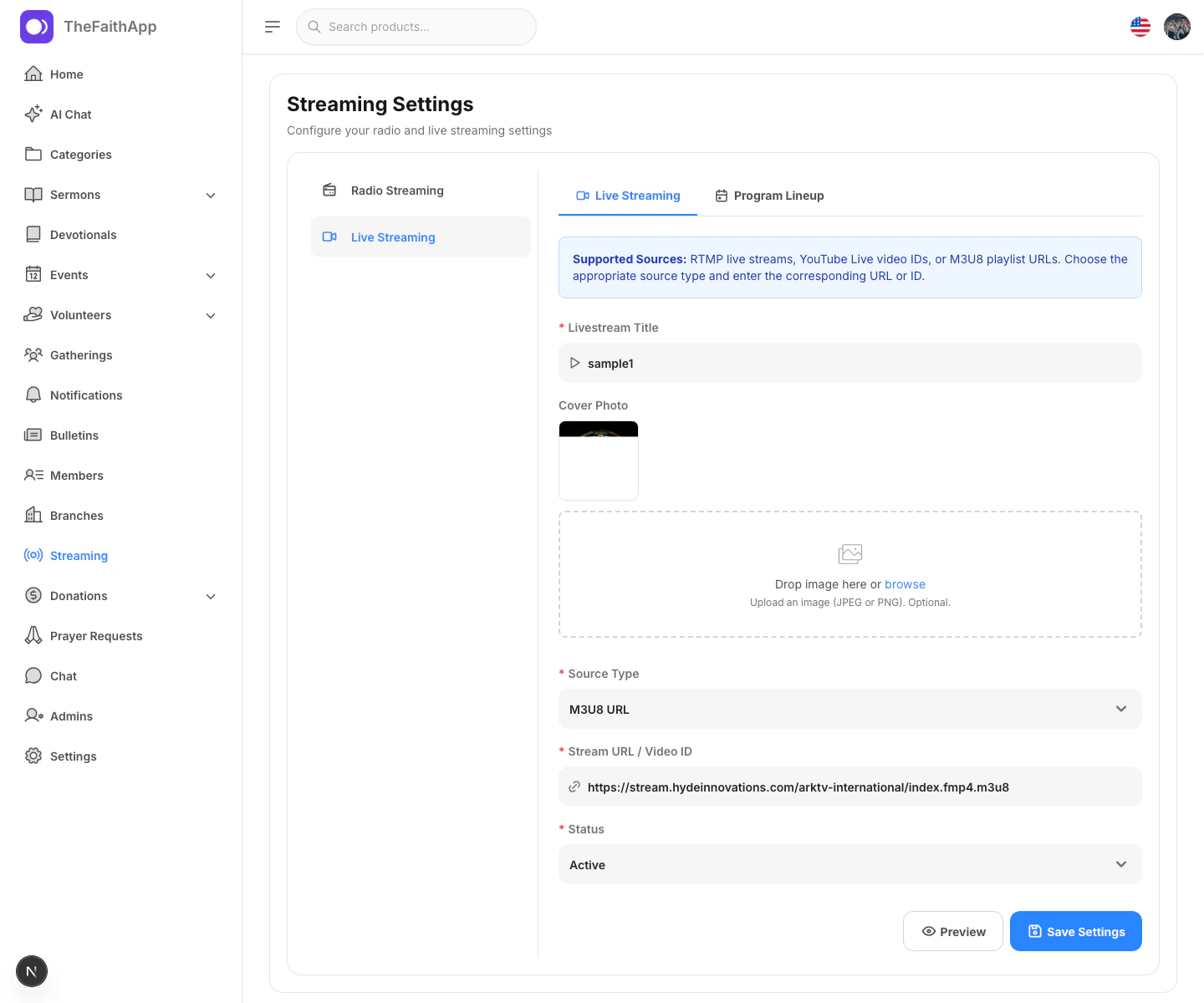 Live streaming settings