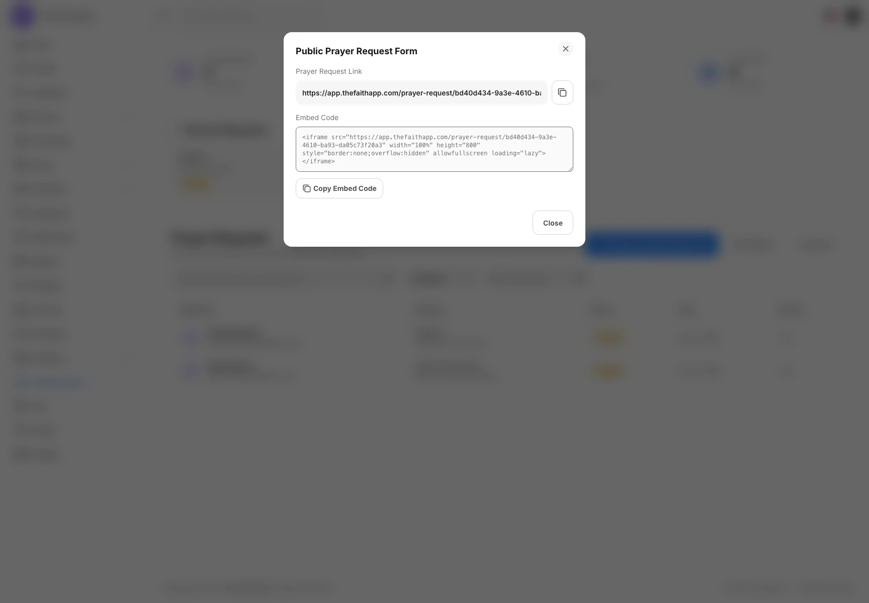 Prayer request link modal