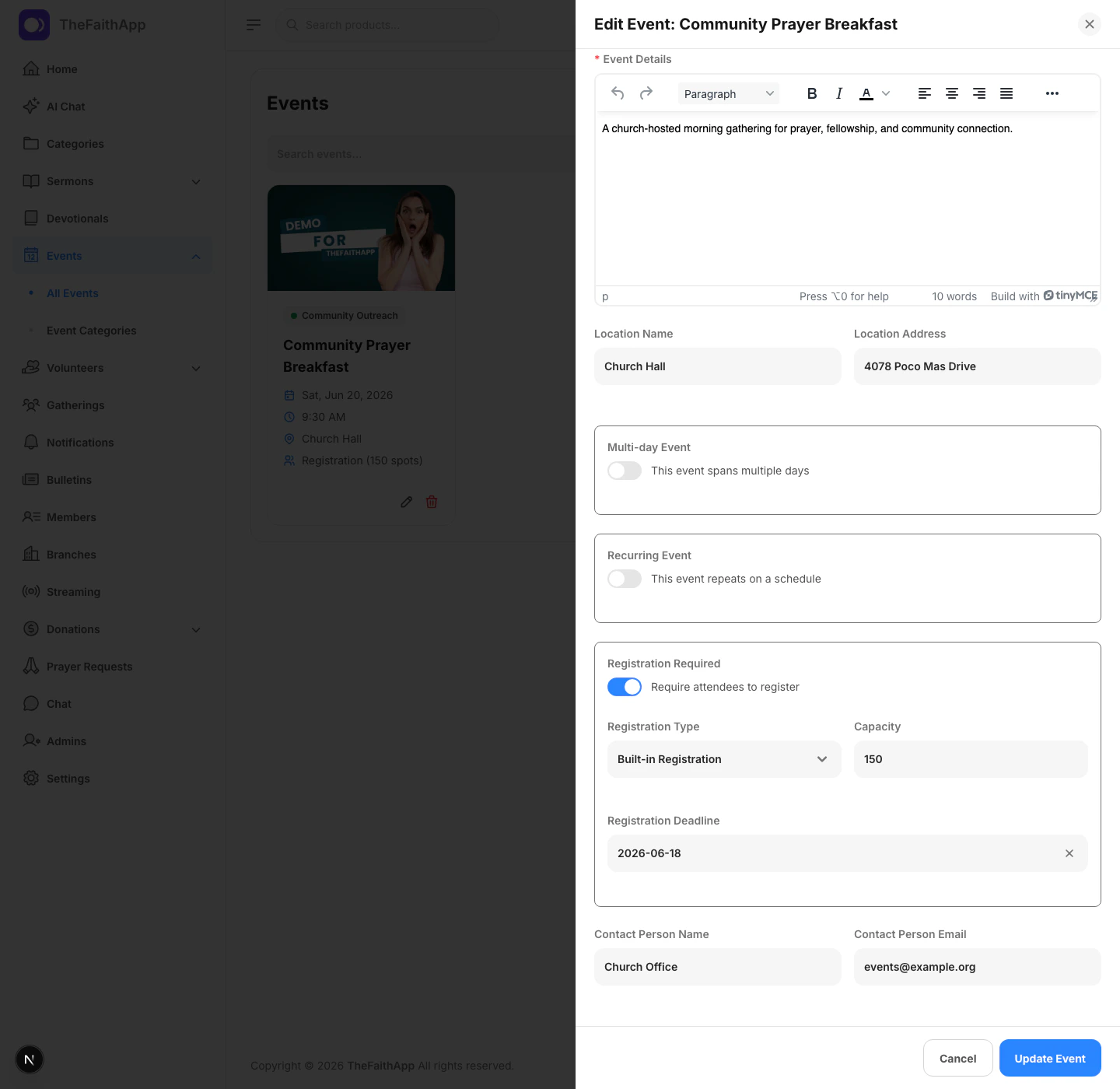Event registration settings