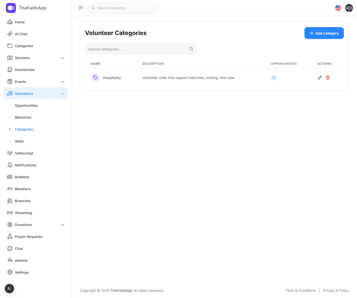 Volunteer categories screen
