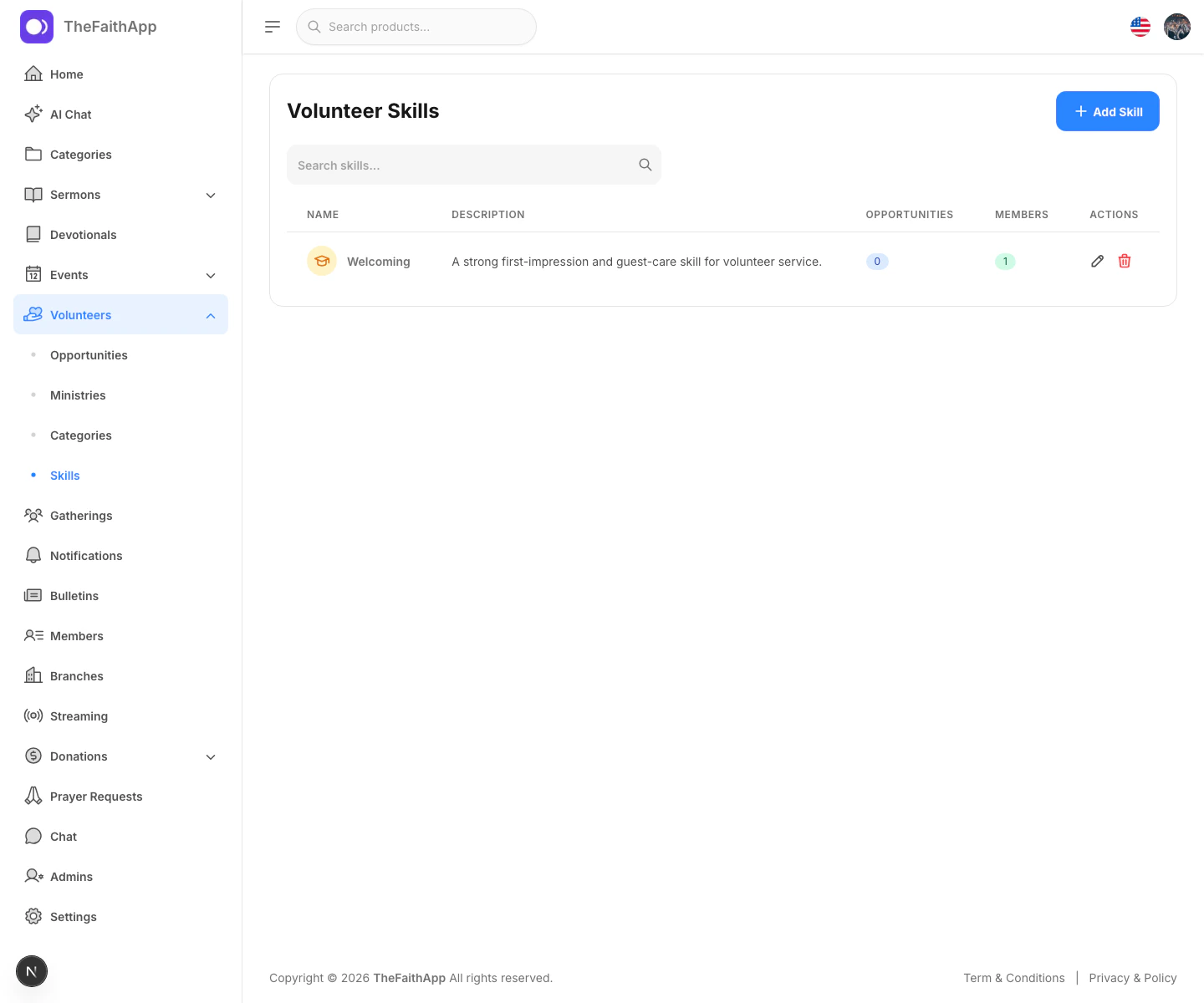 Volunteer skills screen