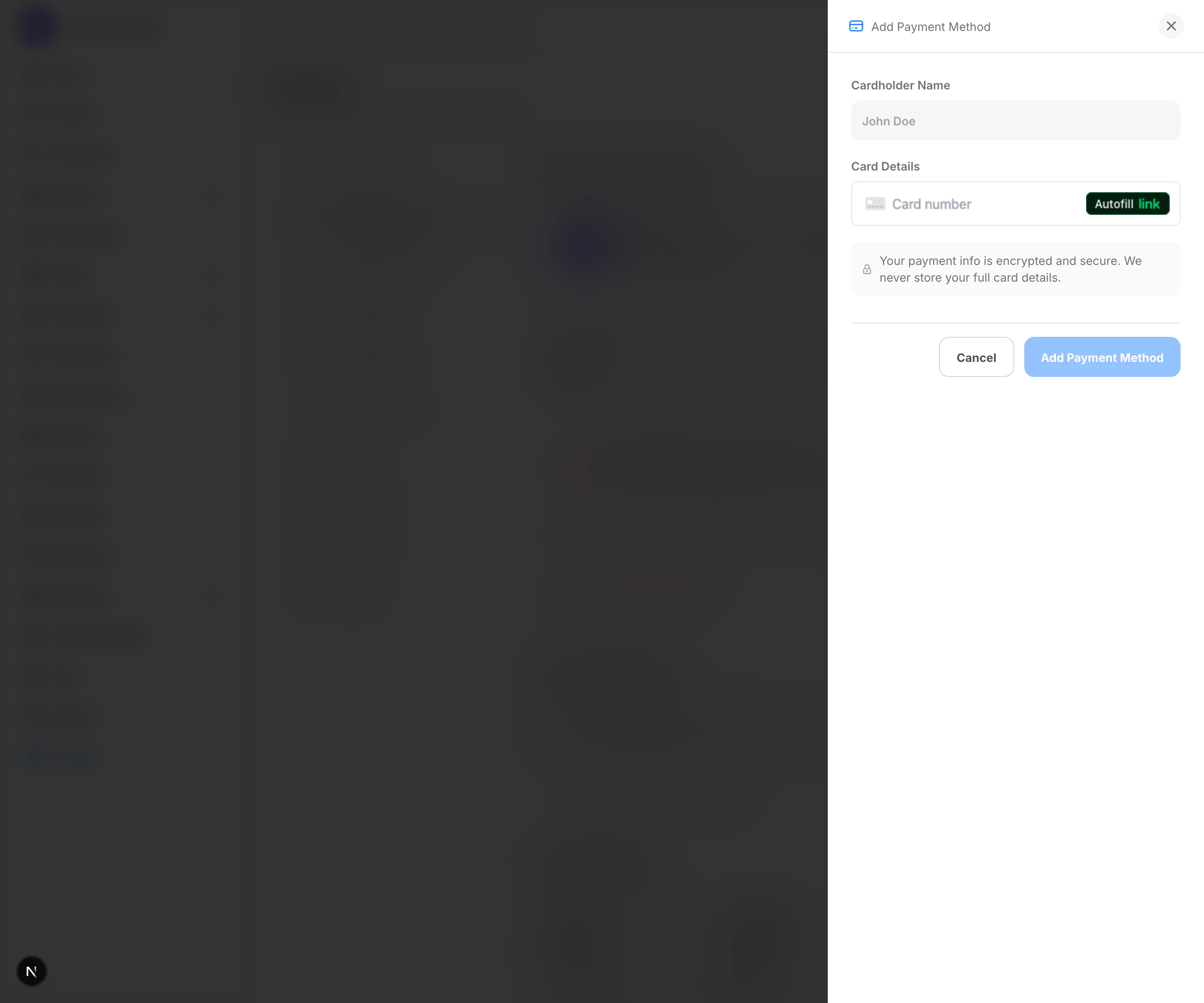 Add payment method drawer