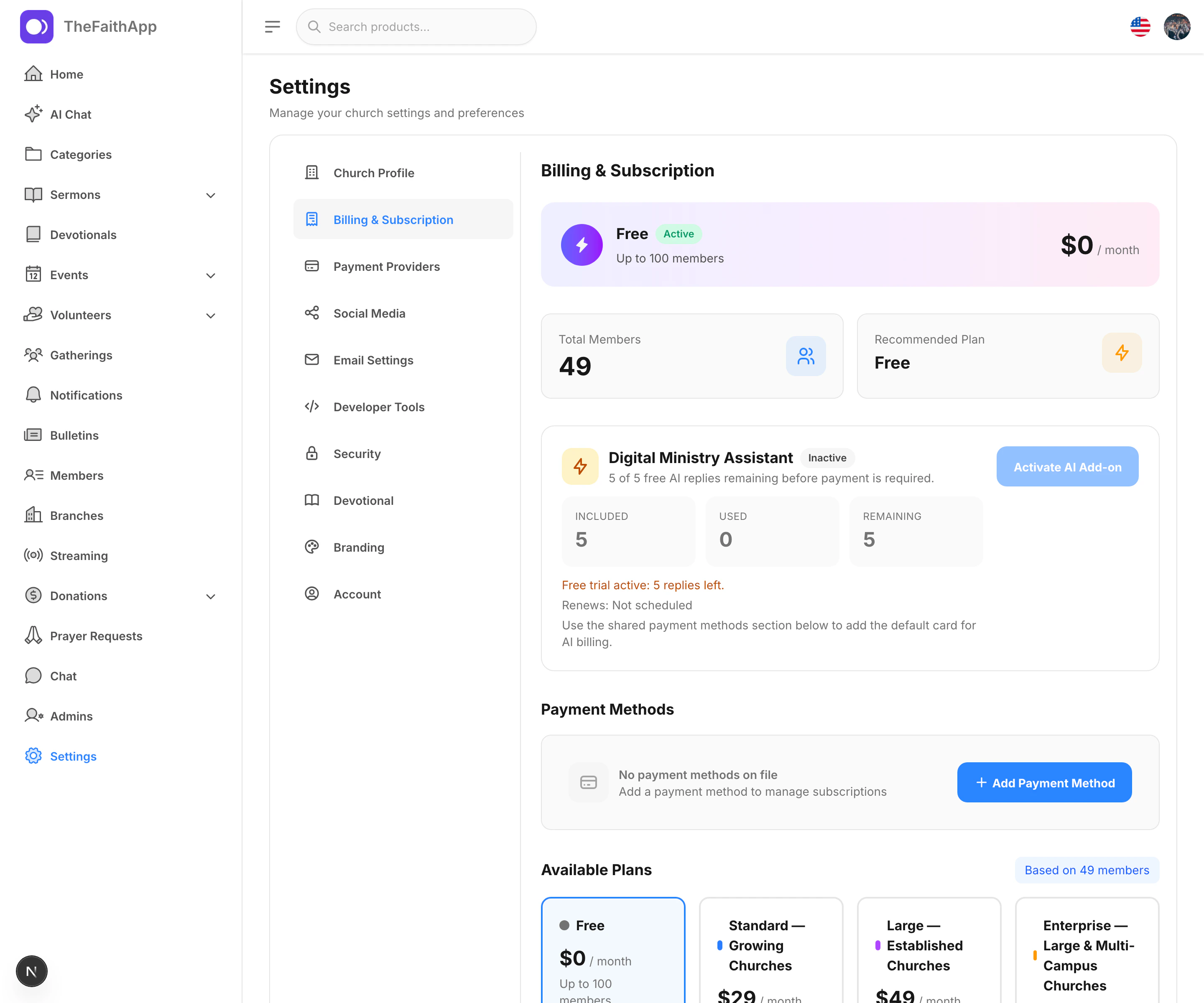 Billing and subscription screen