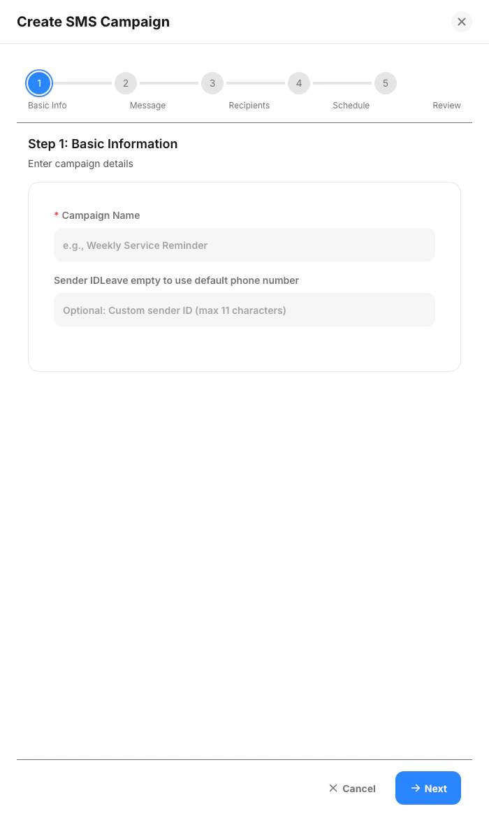 Create SMS campaign drawer