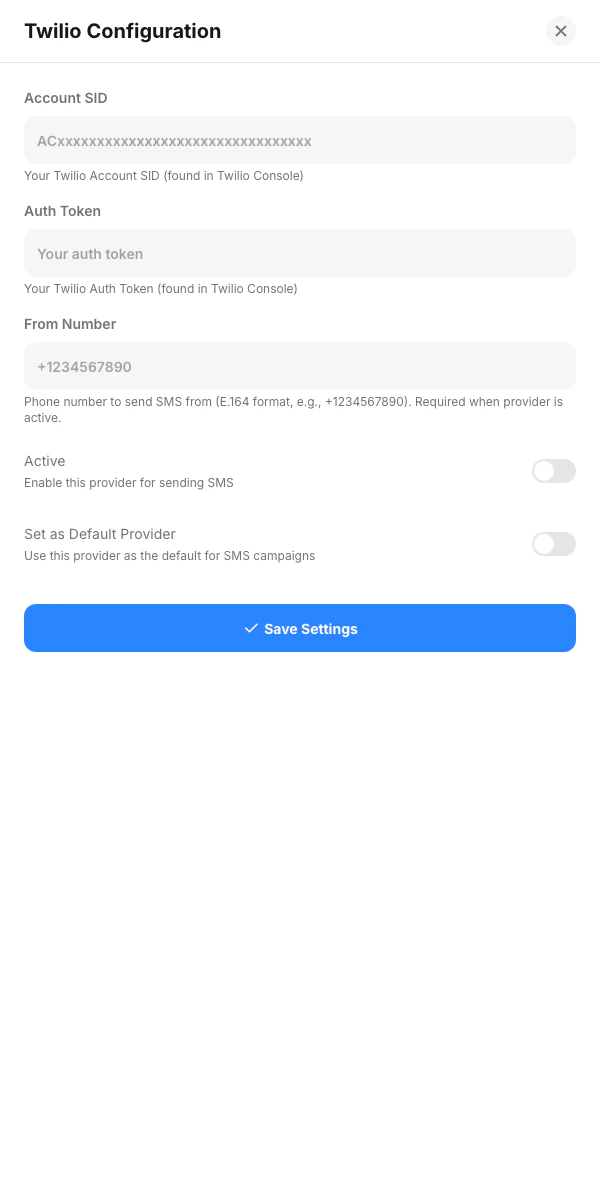 Twilio configuration drawer
