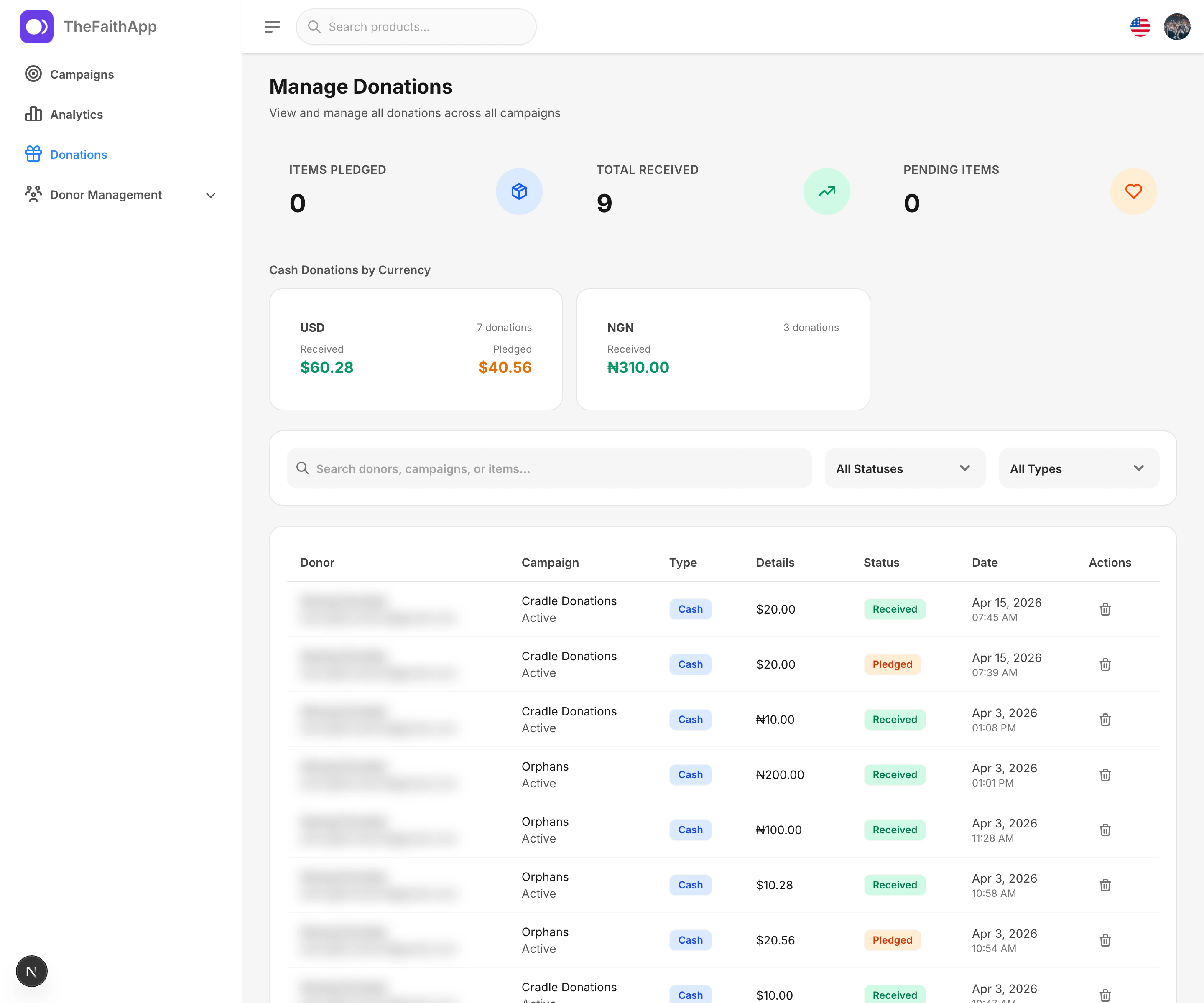 Campaign donations screen