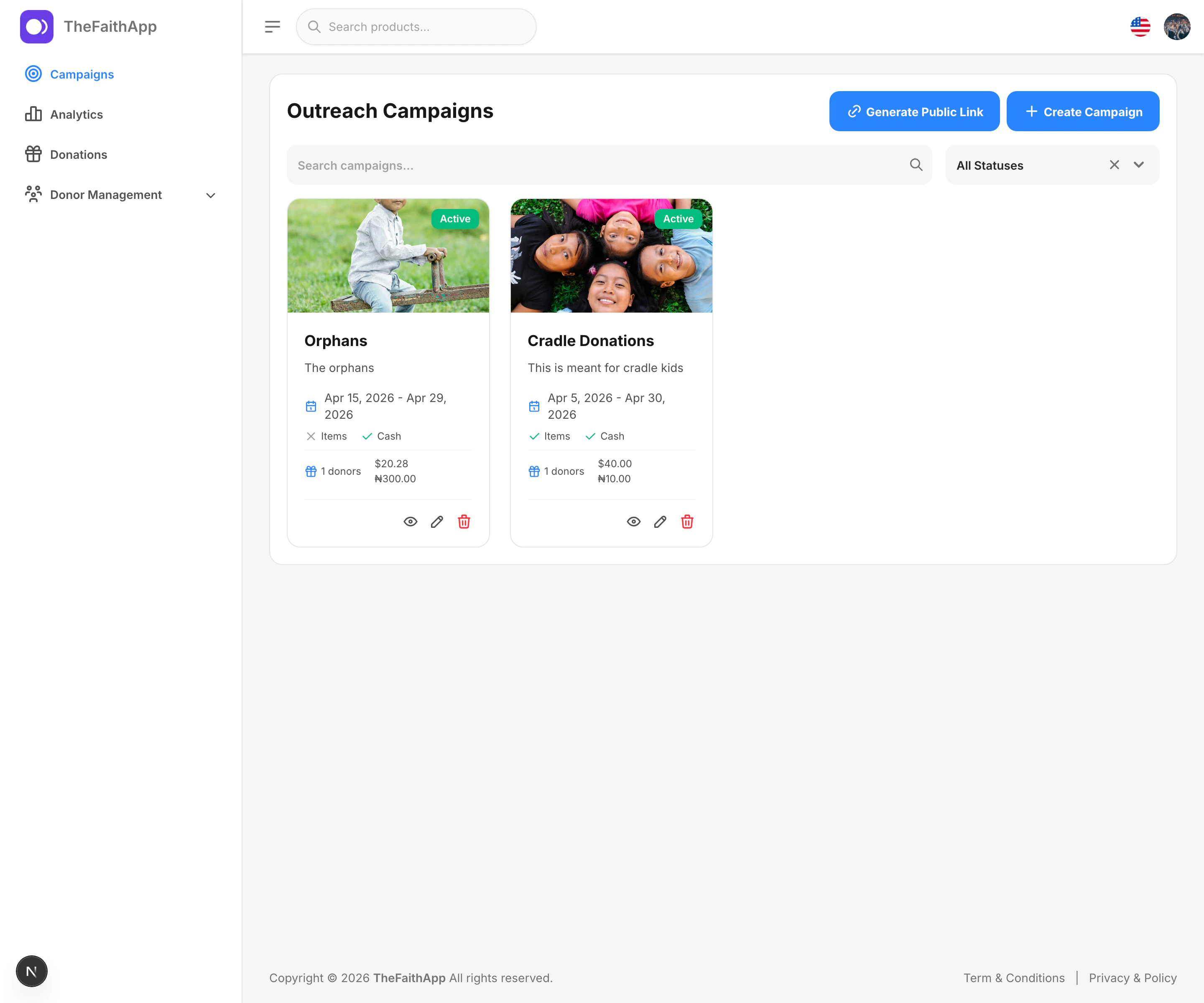 Outreach campaigns screen
