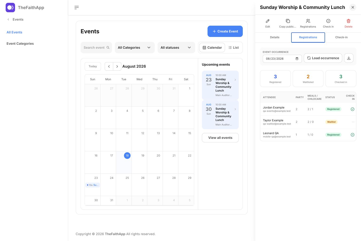 Event attendee and check-in workspace