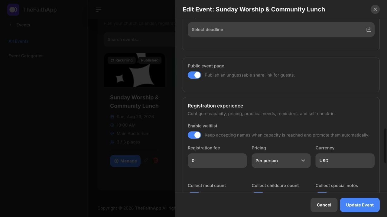 Event registration settings