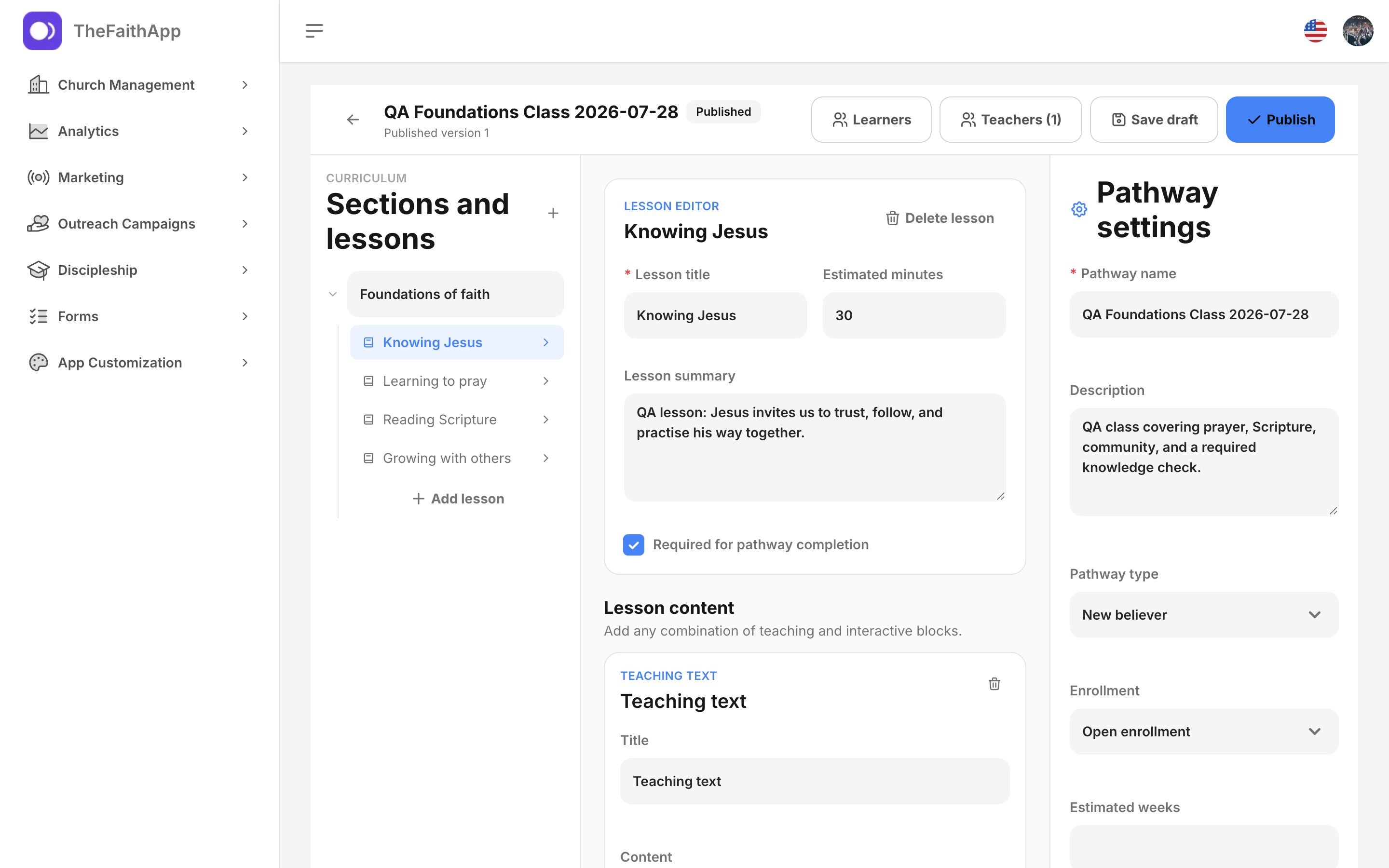 The Discipleship pathway builder with sections, lessons, content, and settings