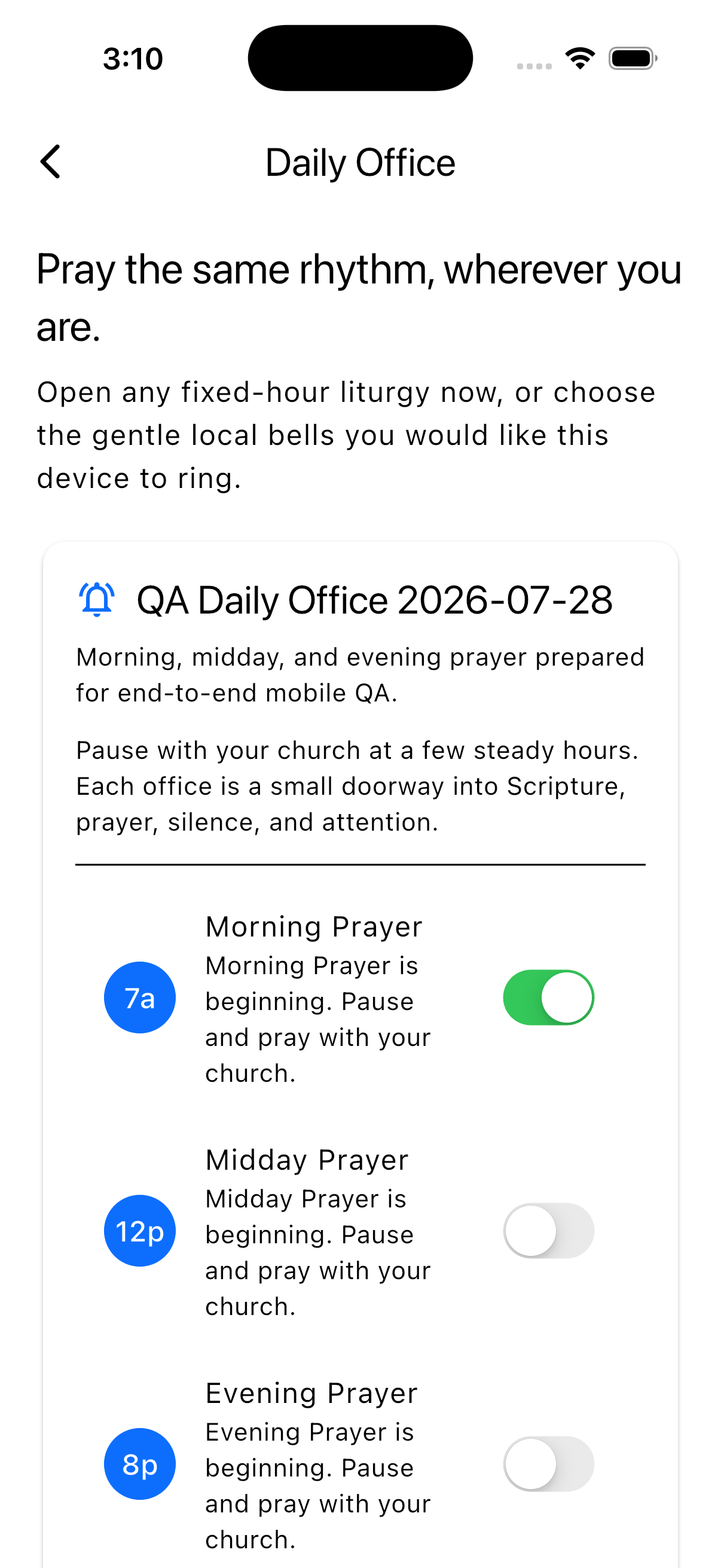 A populated Daily Office plan with member-selected local prayer bells