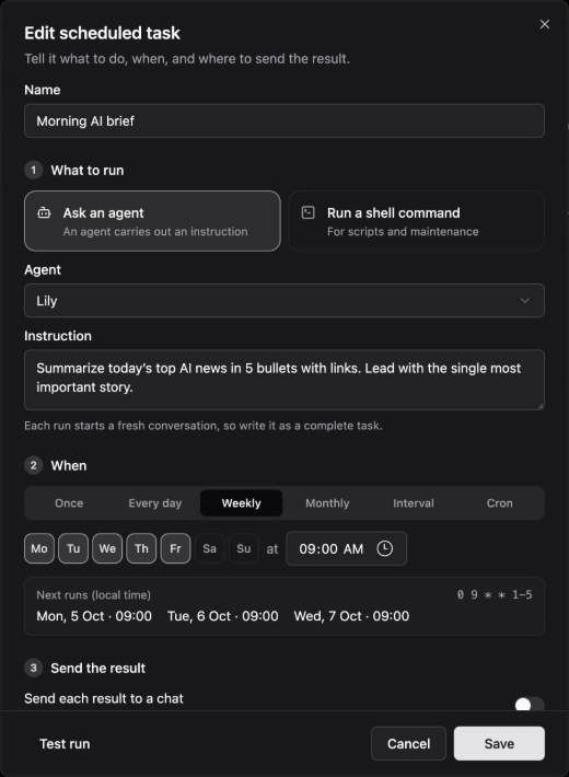 Edit scheduled task dialog with an Agent, an instruction, and a weekly Monday to Friday schedule at 09:00
