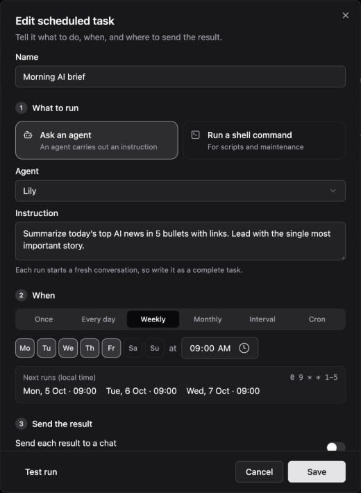 Edit scheduled task dialog with an Agent, an instruction, and a weekly Monday to Friday schedule at 09:00