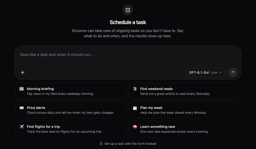 The Schedule a task screen with a composer and six starter tasks