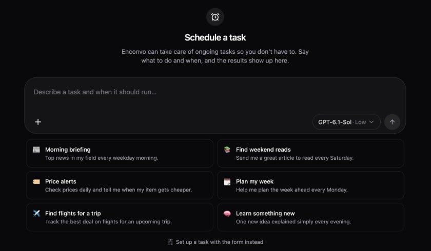 The Schedule a task screen with a composer and six starter tasks