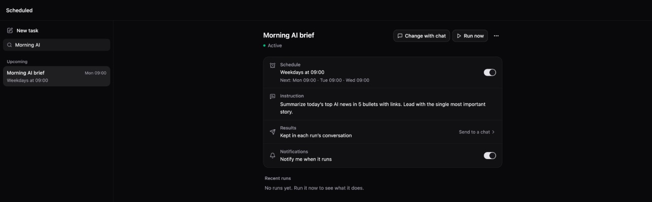 The Scheduled view with a weekday morning task: its schedule and next runs, instruction, results, and notifications in one panel