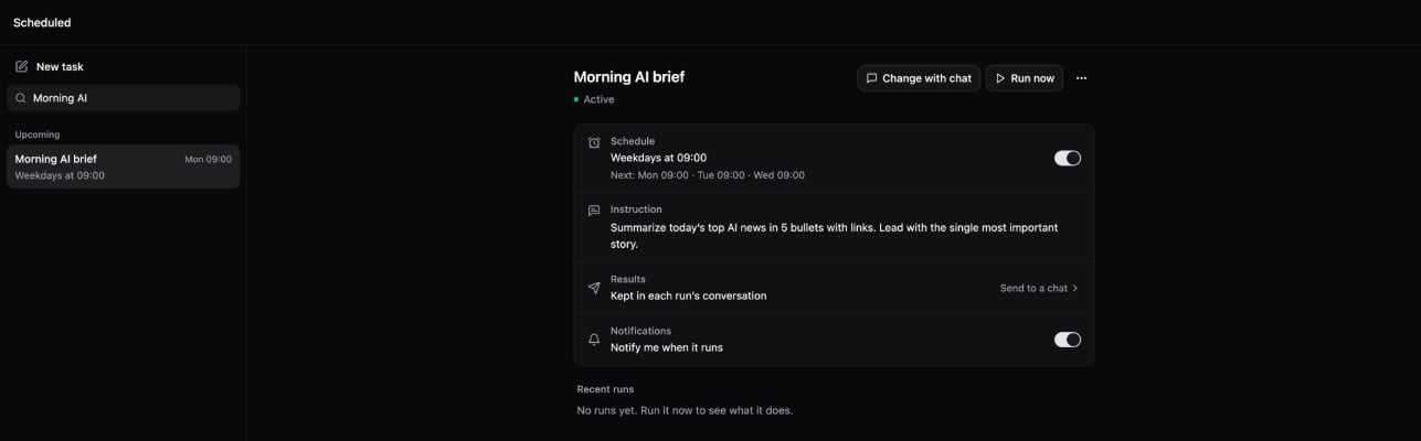 The Scheduled view with a weekday morning task: its schedule and next runs, instruction, results, and notifications in one panel